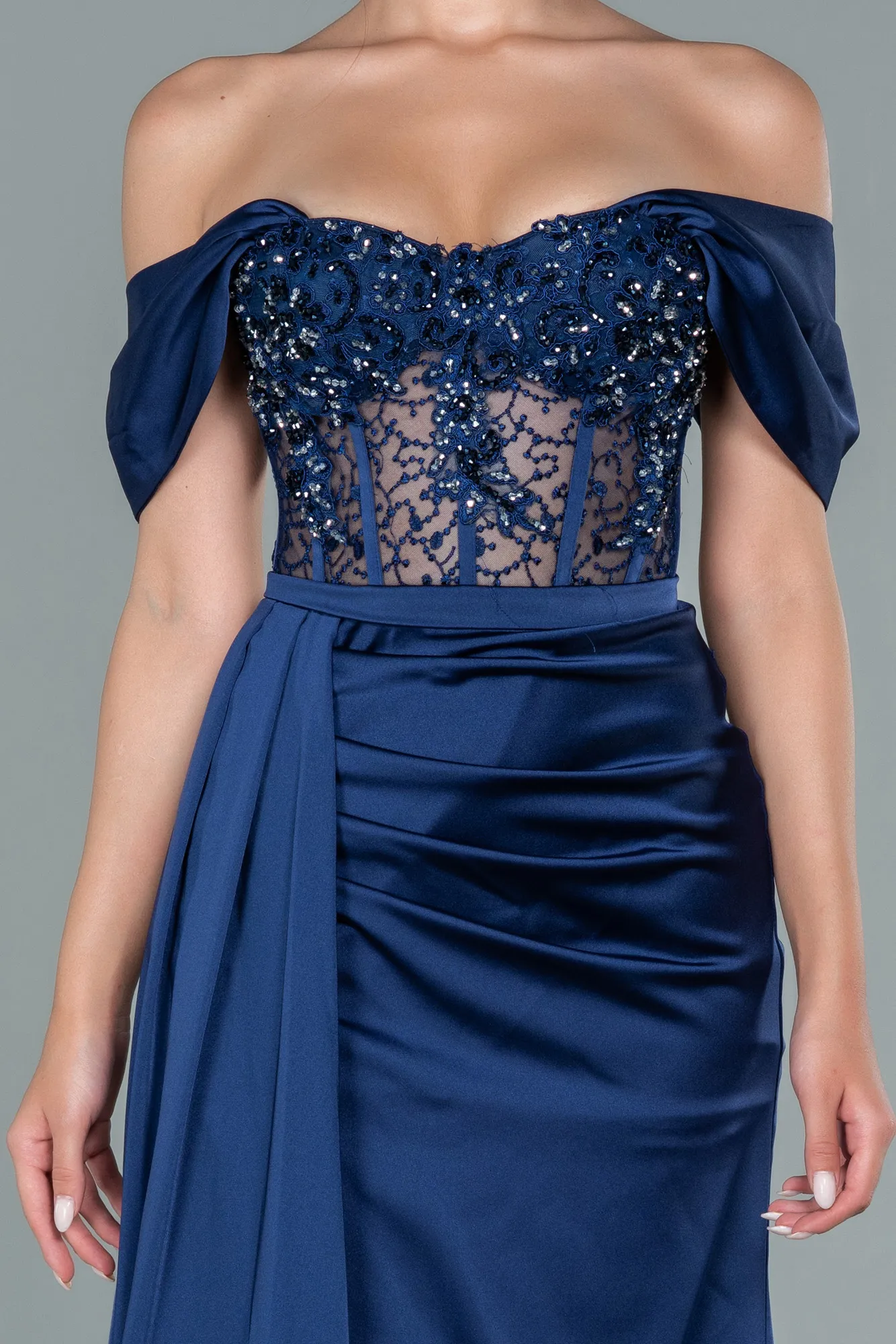 Navy Blue-Long Satin Evening Dress ABU3448