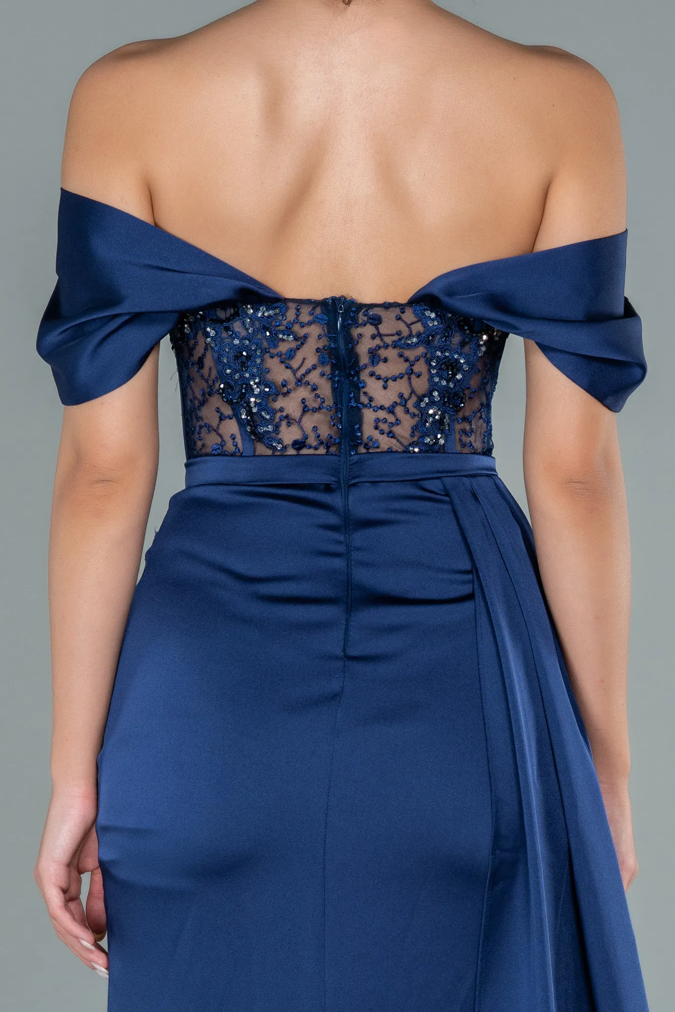 Navy Blue-Long Satin Evening Dress ABU3448