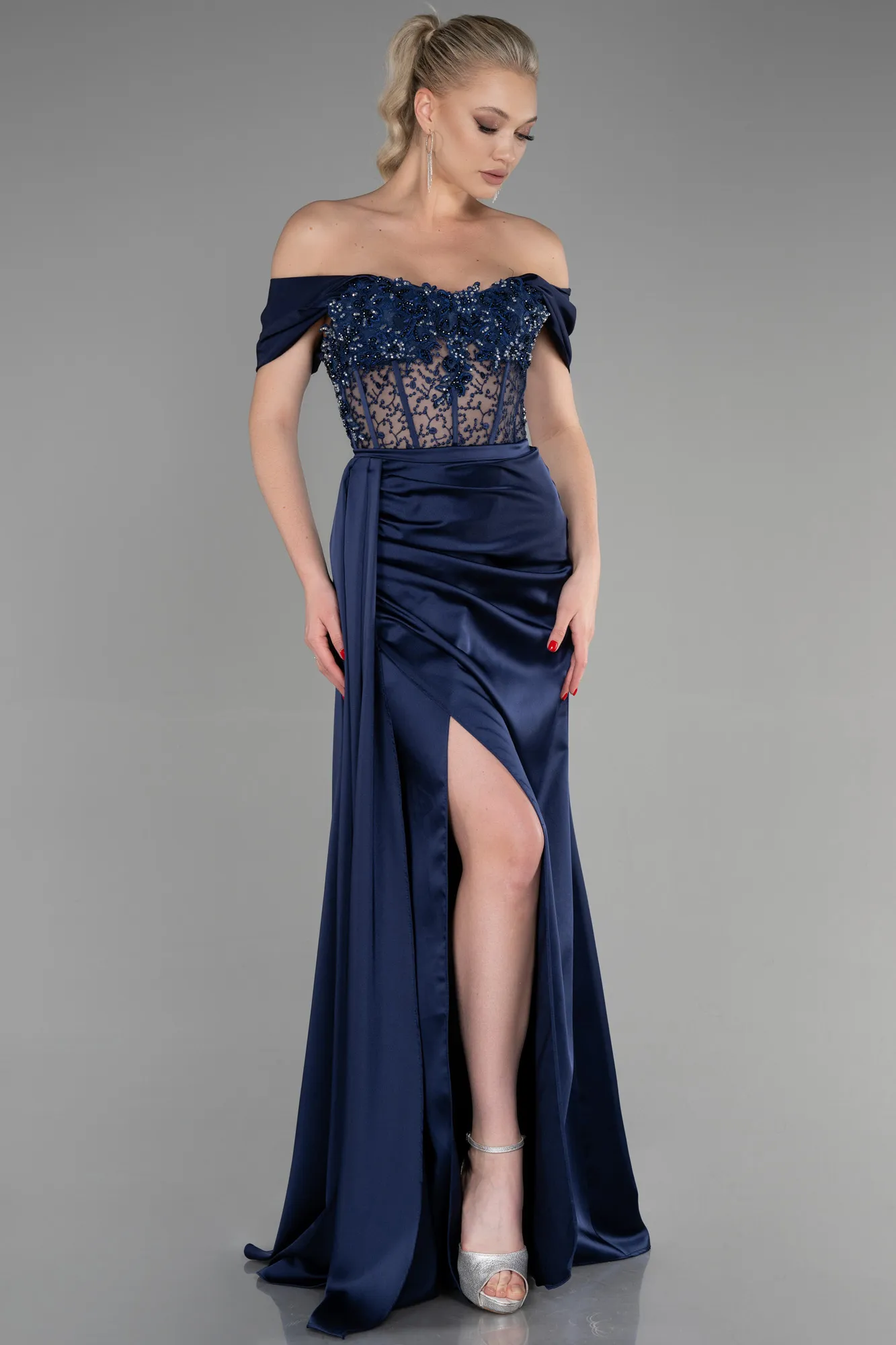 Navy Blue-Long Satin Evening Dress ABU3448