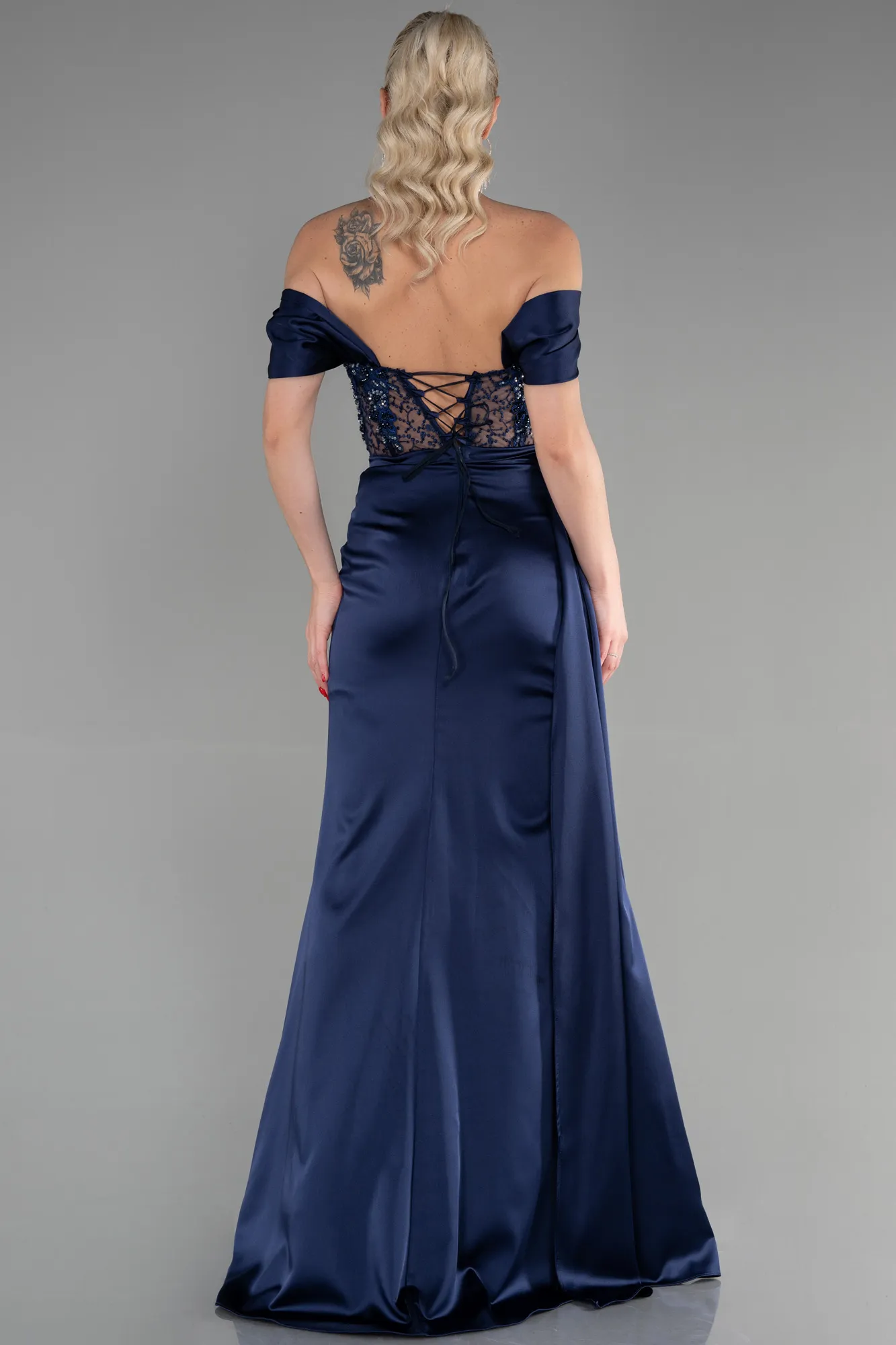 Navy Blue-Long Satin Evening Dress ABU3448