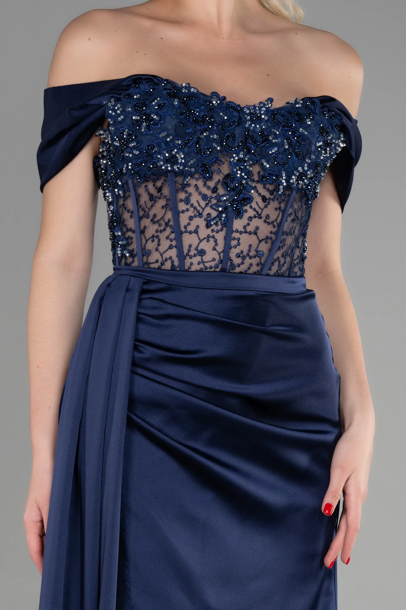 Navy Blue-Long Satin Evening Dress ABU3448