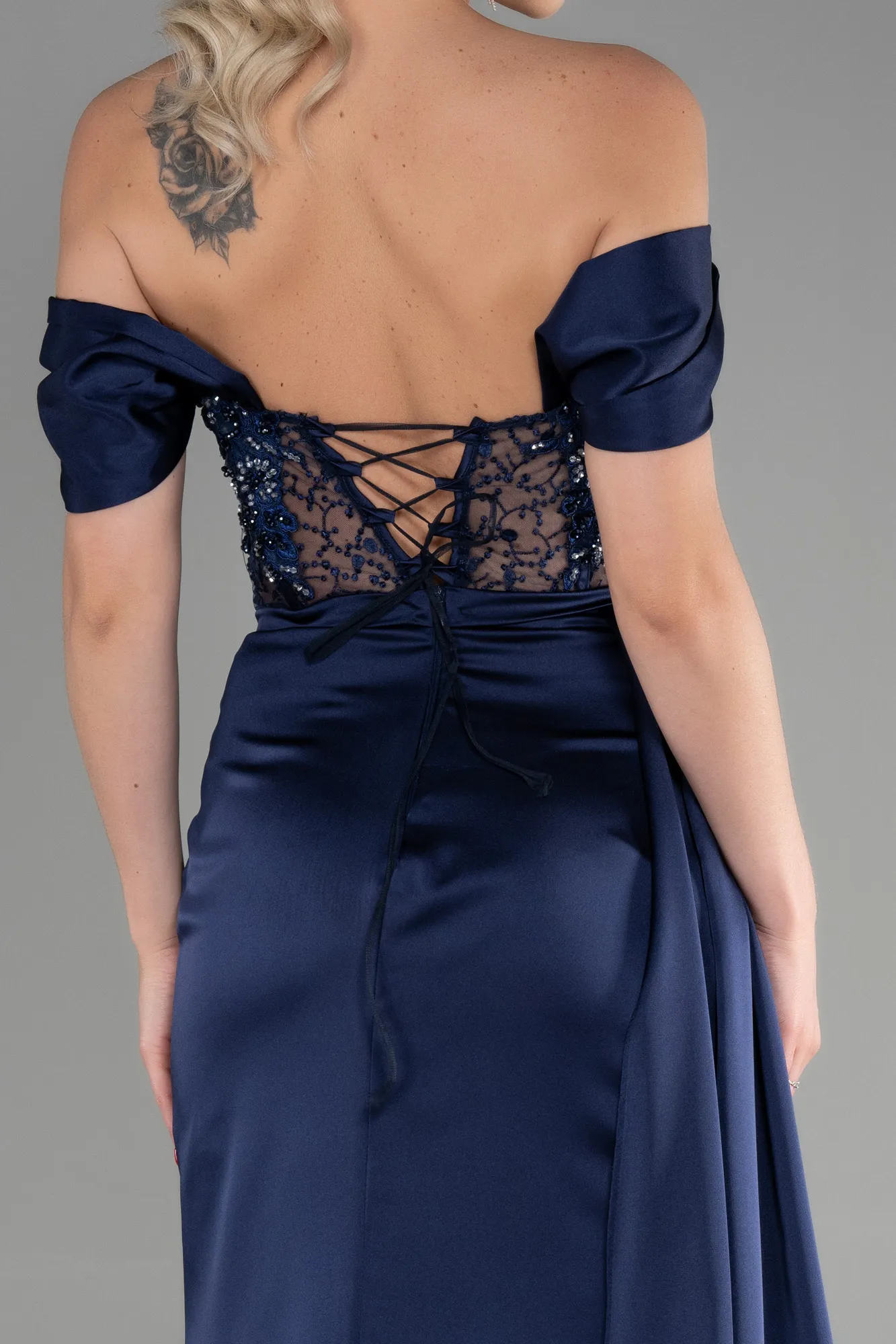 Navy Blue-Long Satin Evening Dress ABU3448