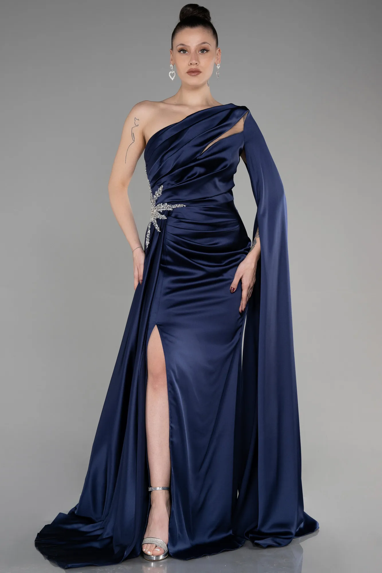 Navy Blue-Long Satin Evening Dress ABU3545