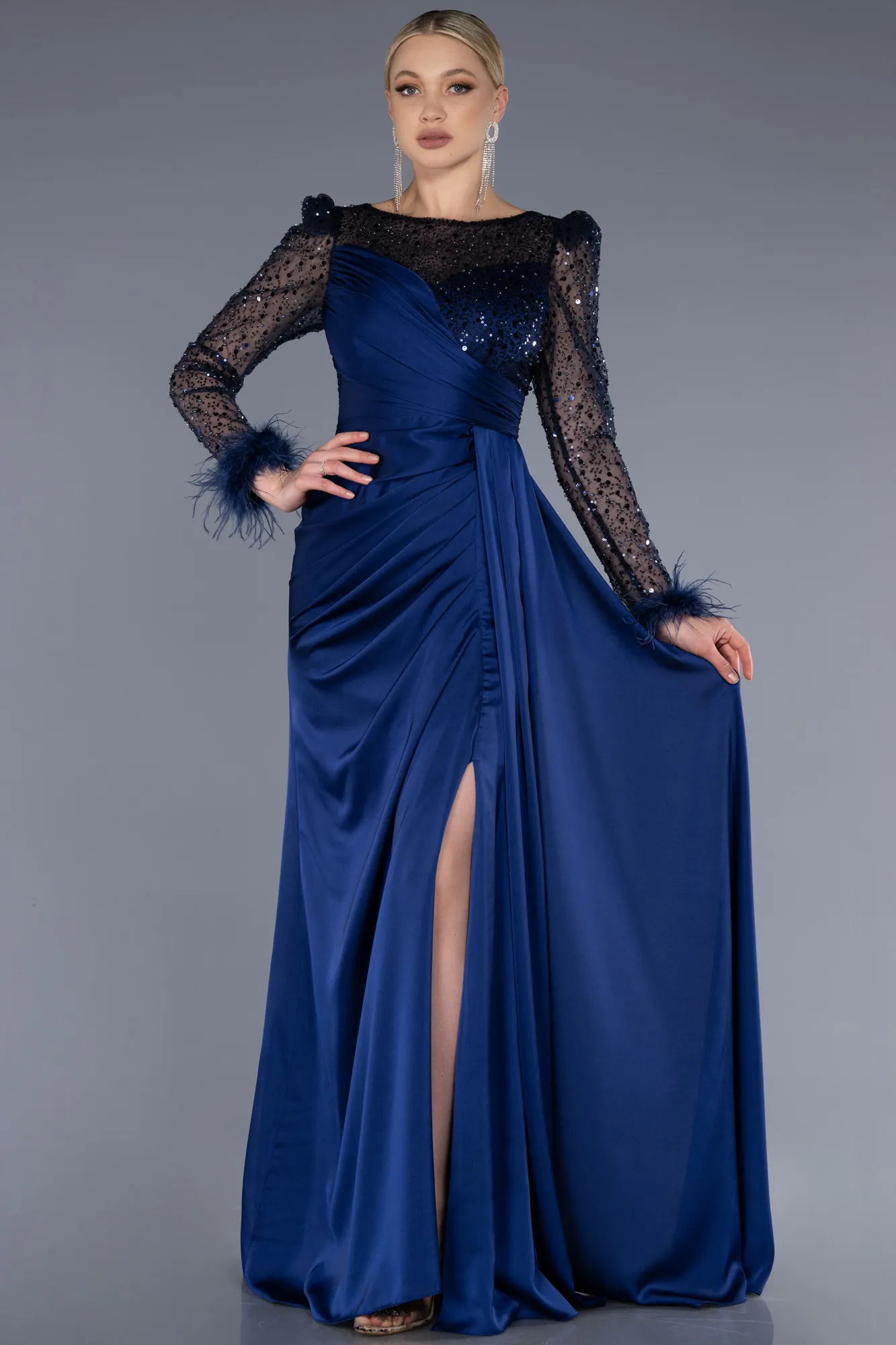 Navy Blue-Long Satin Evening Dress ABU3673