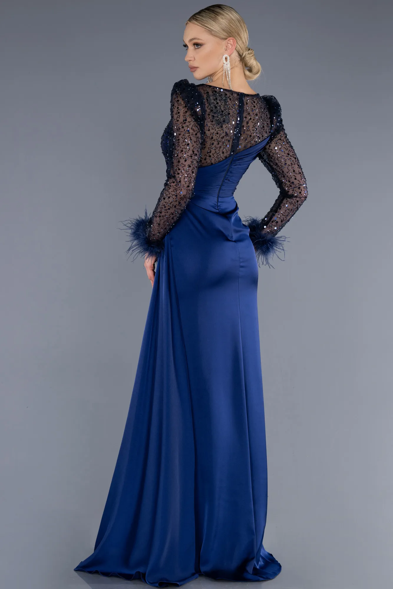 Navy Blue-Long Satin Evening Dress ABU3673