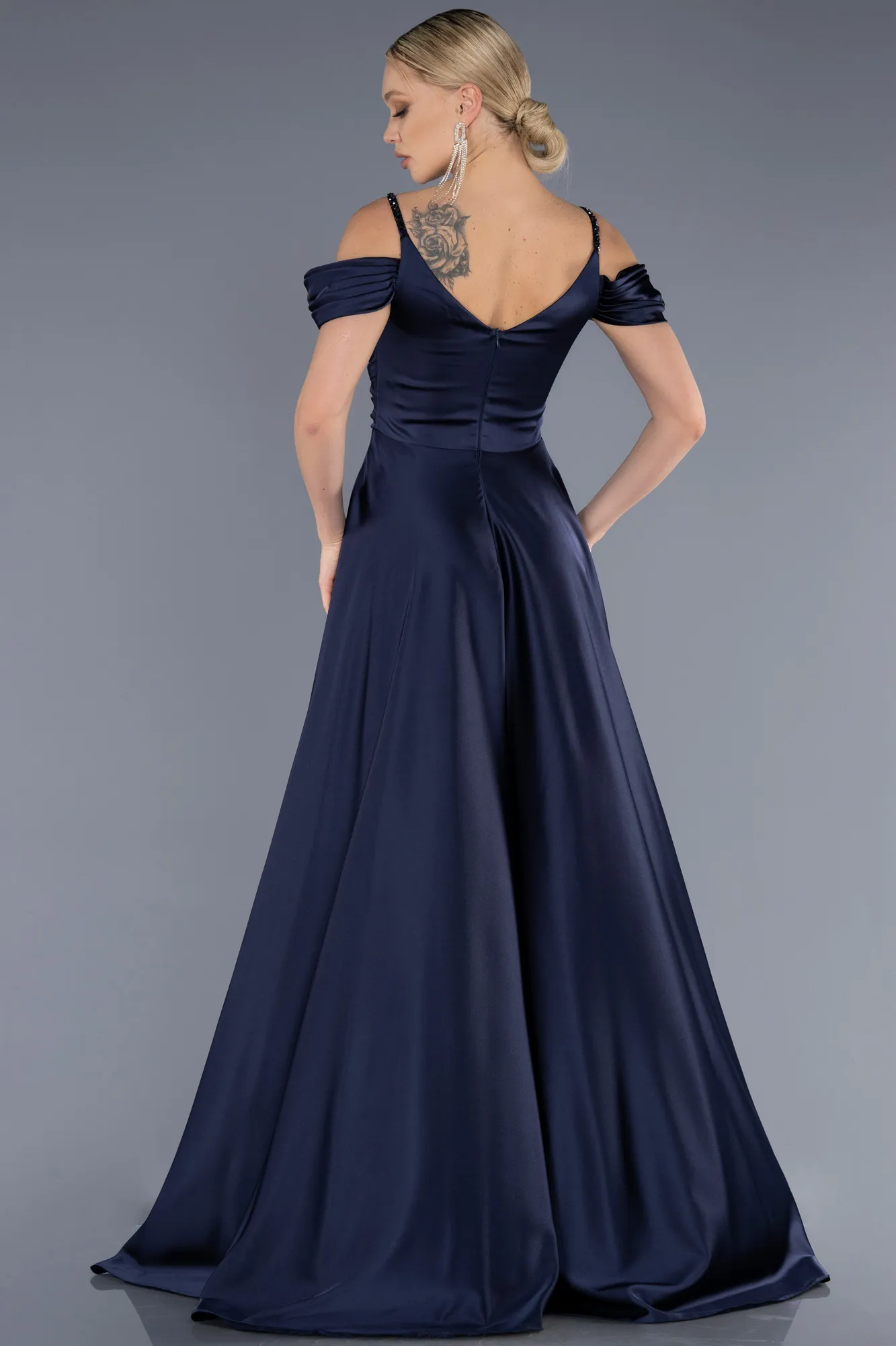 Navy Blue-Long Satin Evening Dress ABU3678