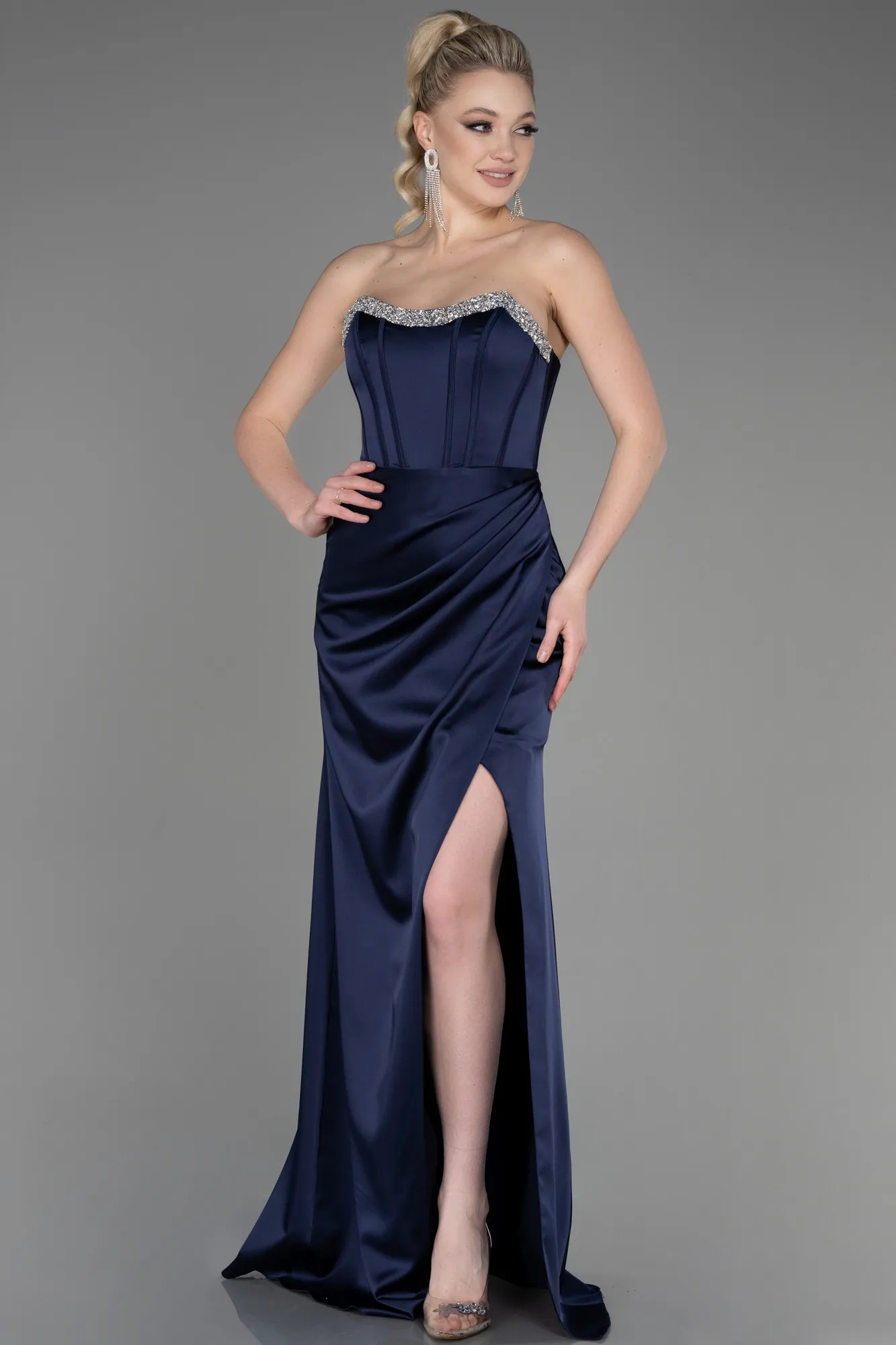 Navy Blue-Long Satin Evening Dress ABU3706