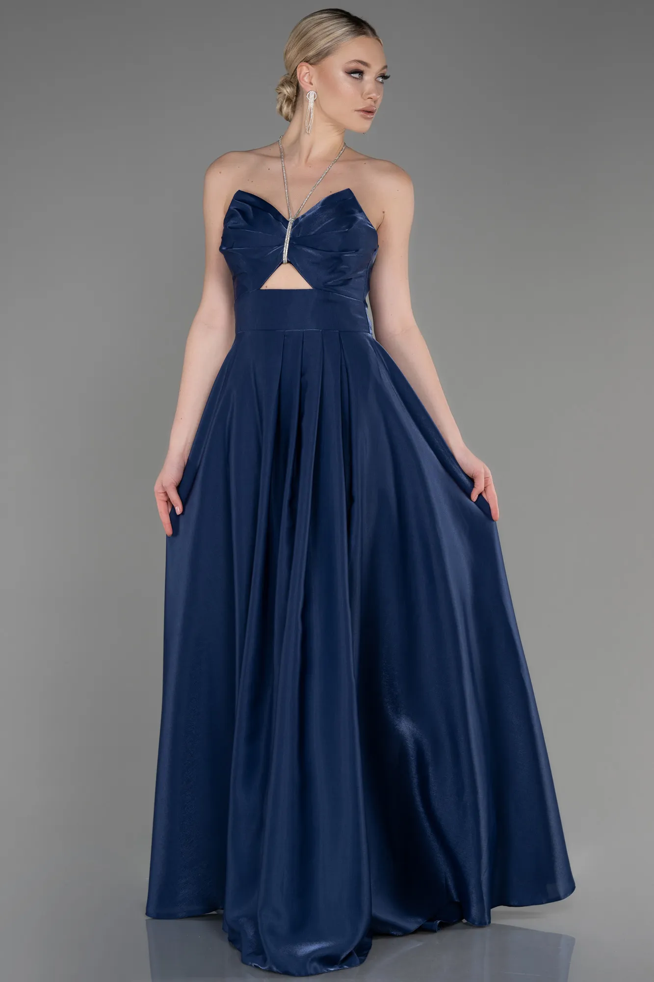 Navy Blue-Long Satin Evening Dress ABU3755