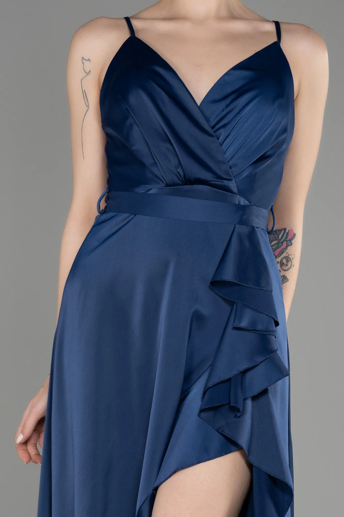 Navy Blue-Long Satin Evening Dress ABU3807