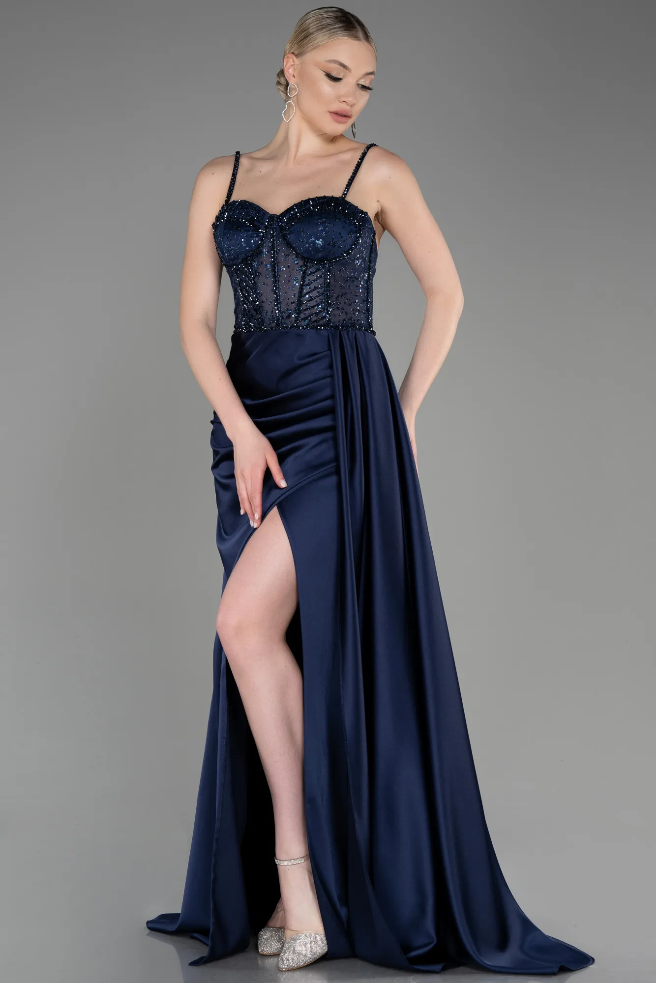 Navy Blue-Long Satin Evening Dress ABU3875