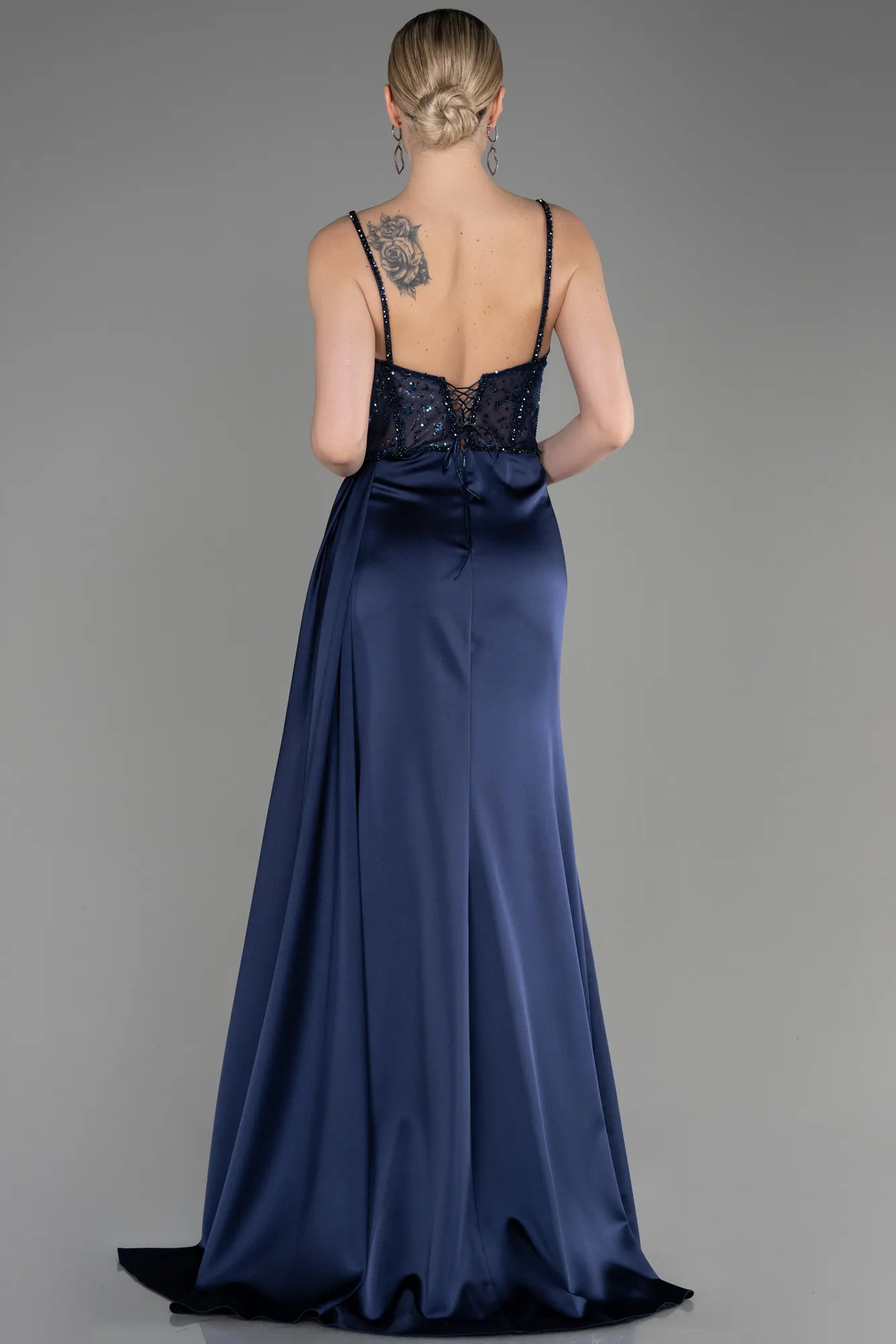 Navy Blue-Long Satin Evening Dress ABU3875