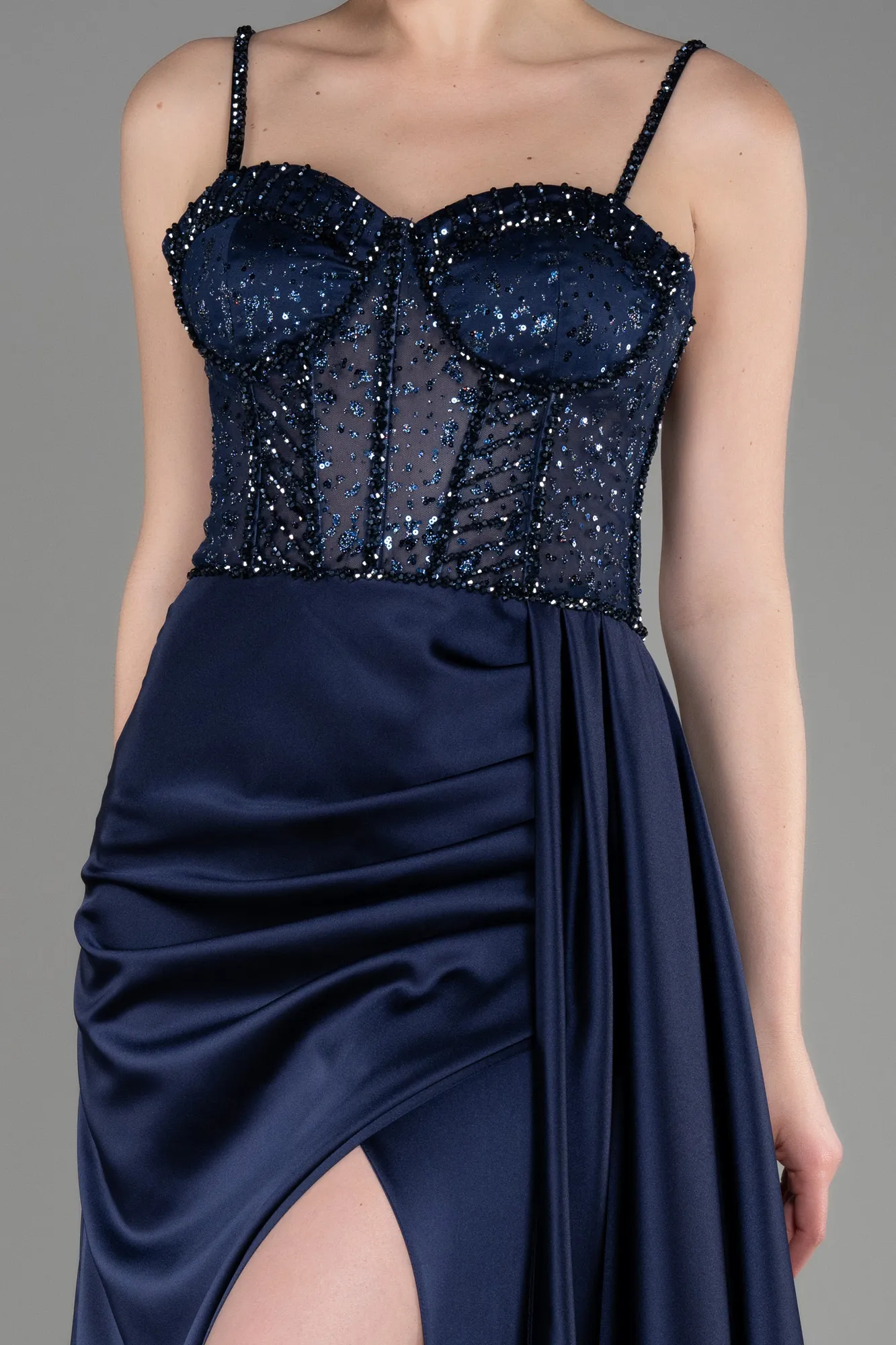 Navy Blue-Long Satin Evening Dress ABU3875