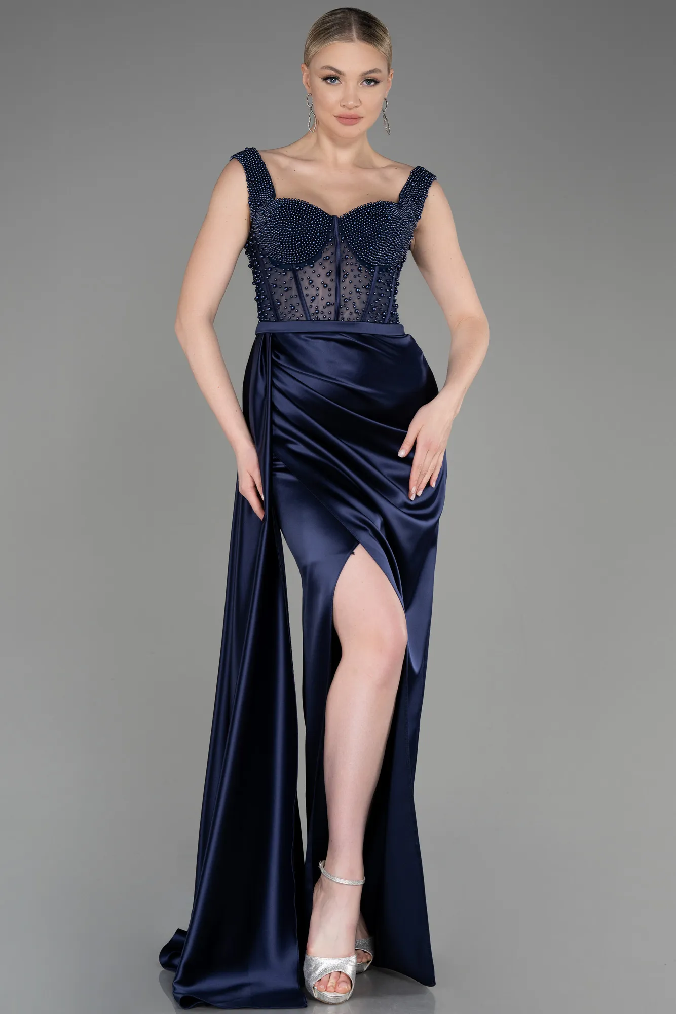 Navy Blue-Long Satin Evening Dress ABU3877