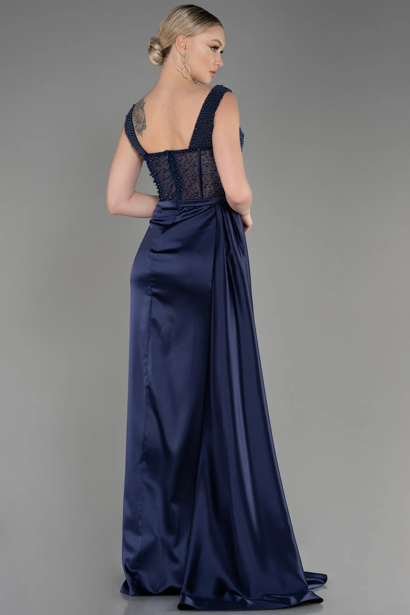 Navy Blue-Long Satin Evening Dress ABU3877