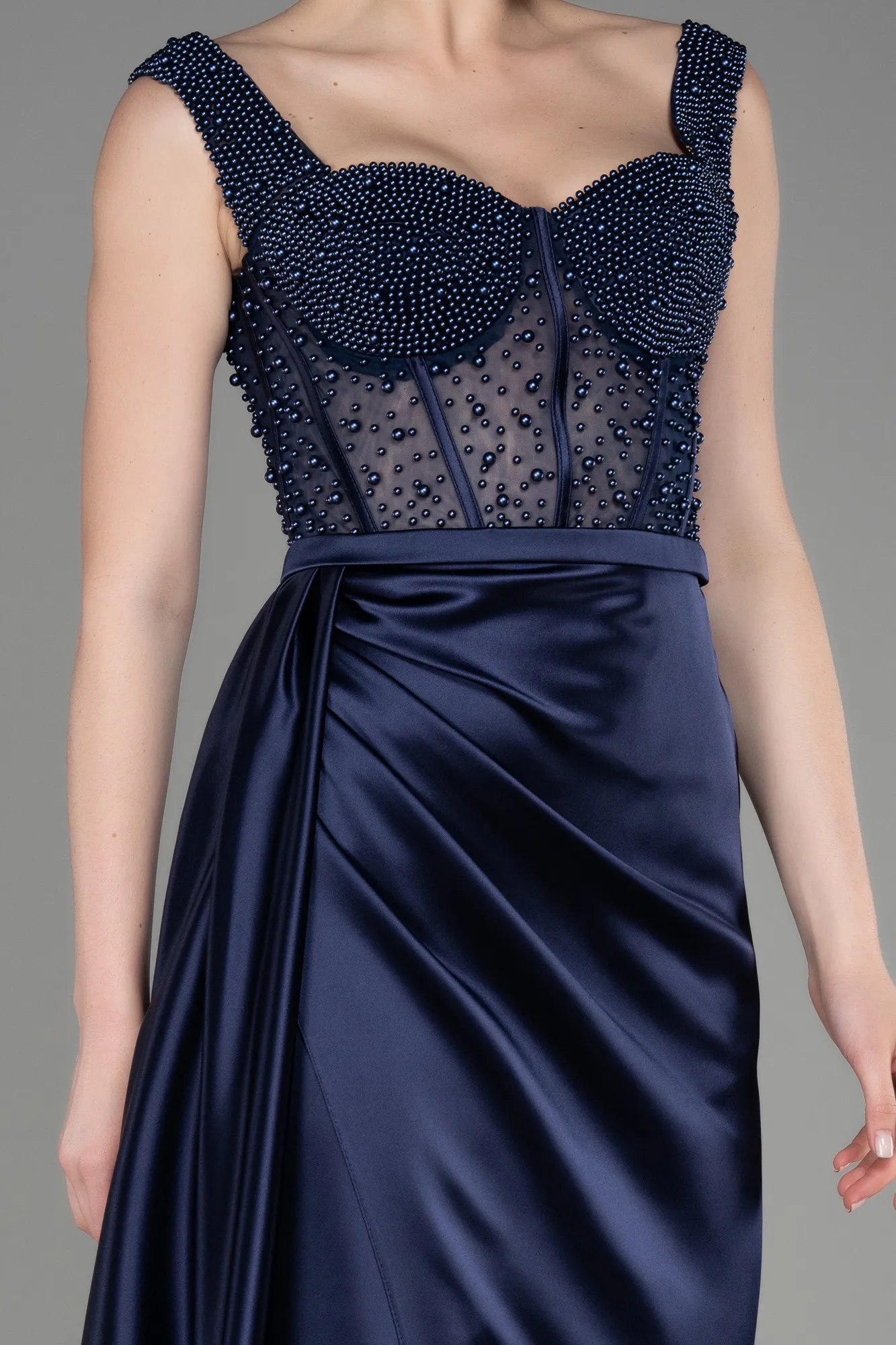 Navy Blue-Long Satin Evening Dress ABU3877