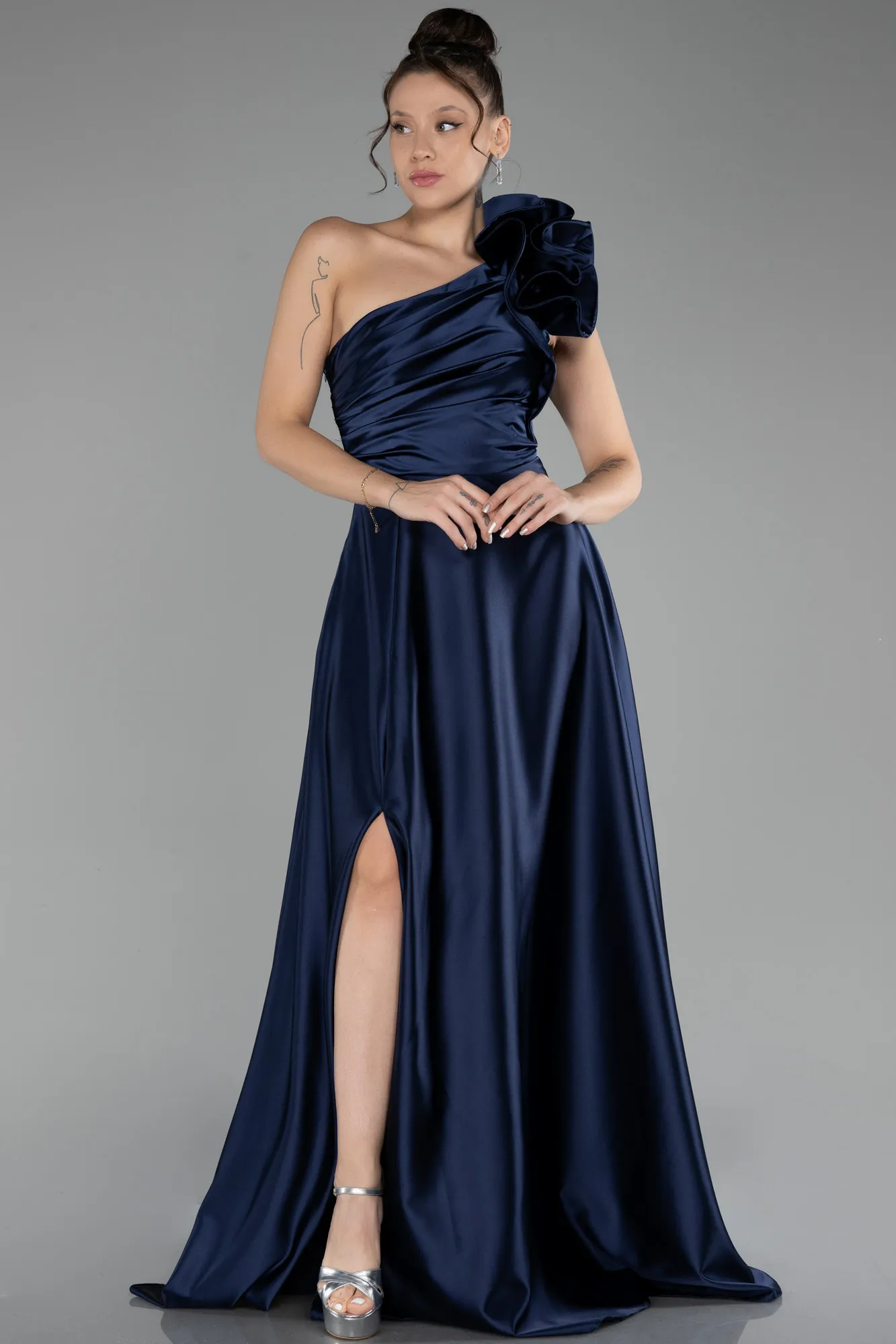 Navy Blue-Long Satin Evening Dress ABU4189