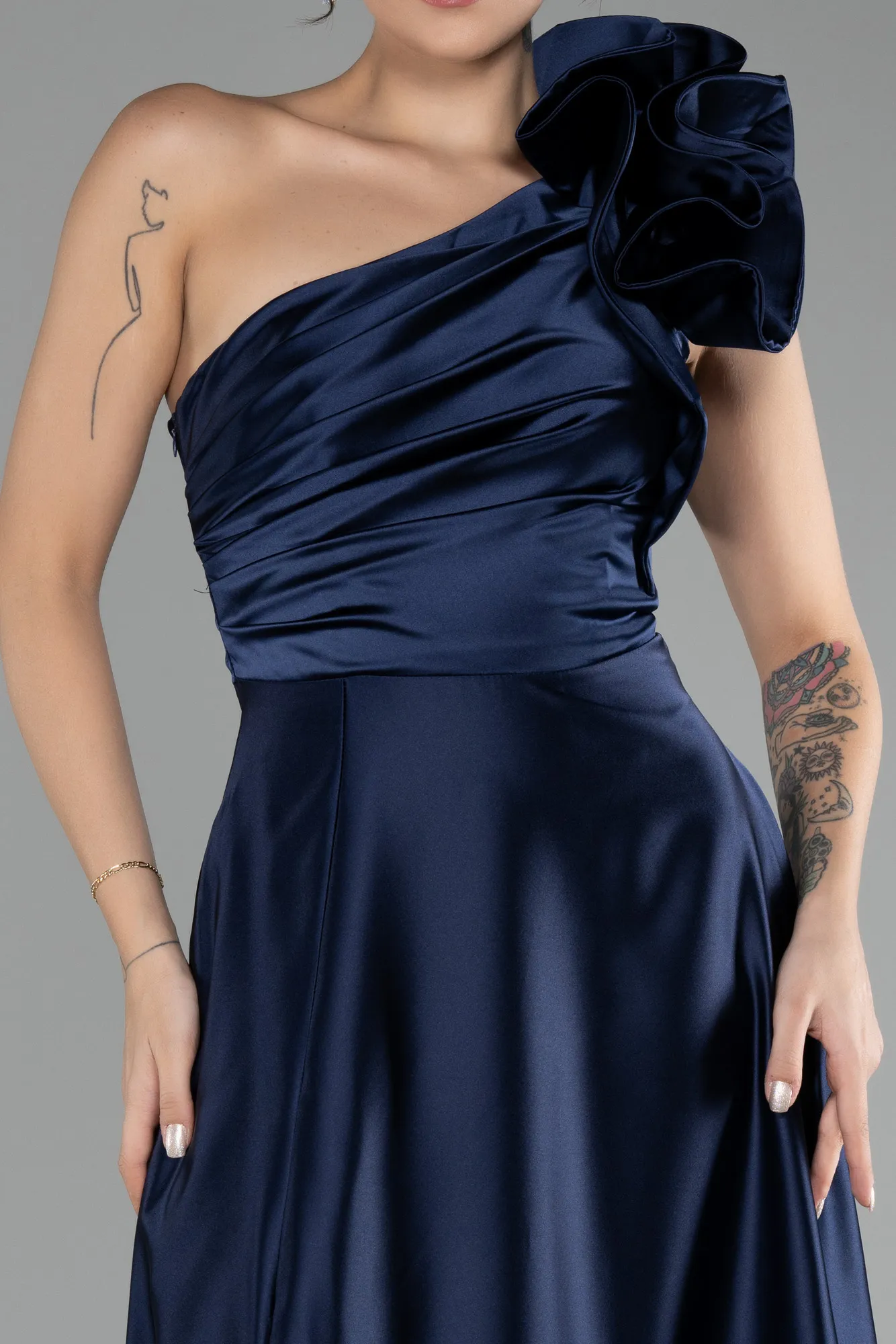 Navy Blue-Long Satin Evening Dress ABU4189