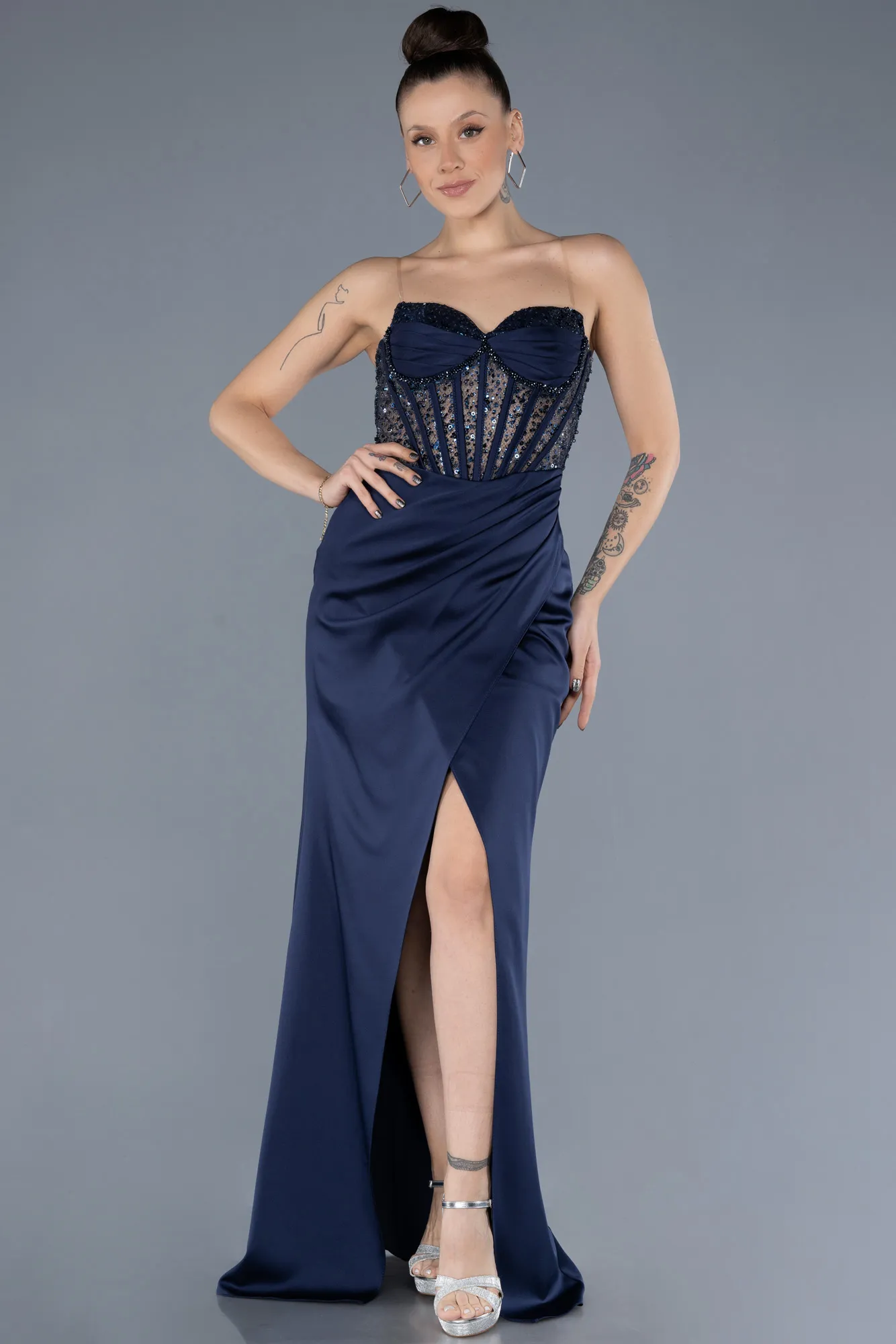 Navy Blue-Long Satin Evening Dress ABU4568