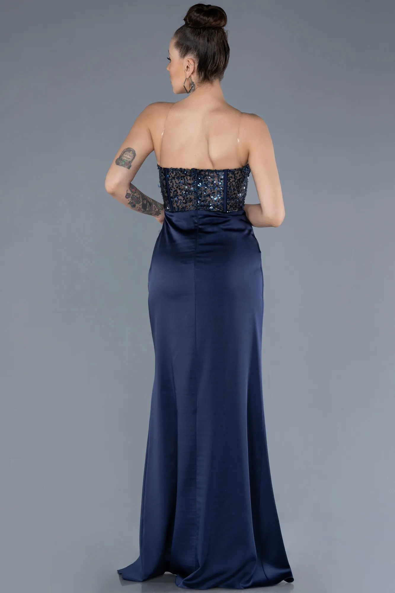 Navy Blue-Long Satin Evening Dress ABU4568