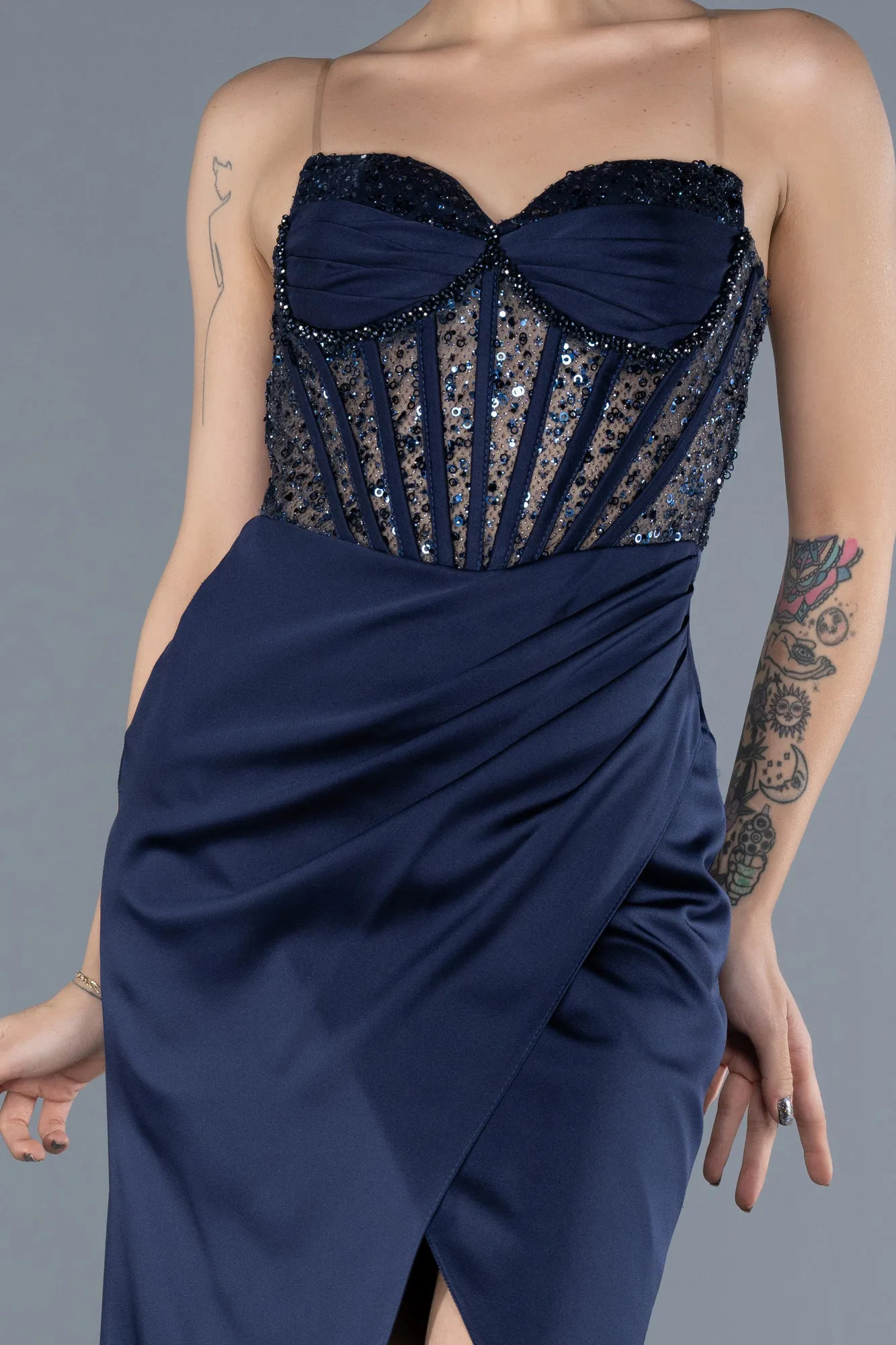 Navy Blue-Long Satin Evening Dress ABU4568