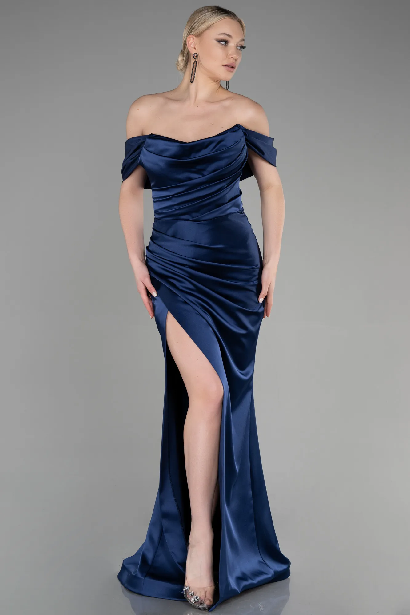Navy Blue-Long Satin Mermaid Evening Dress ABU3479