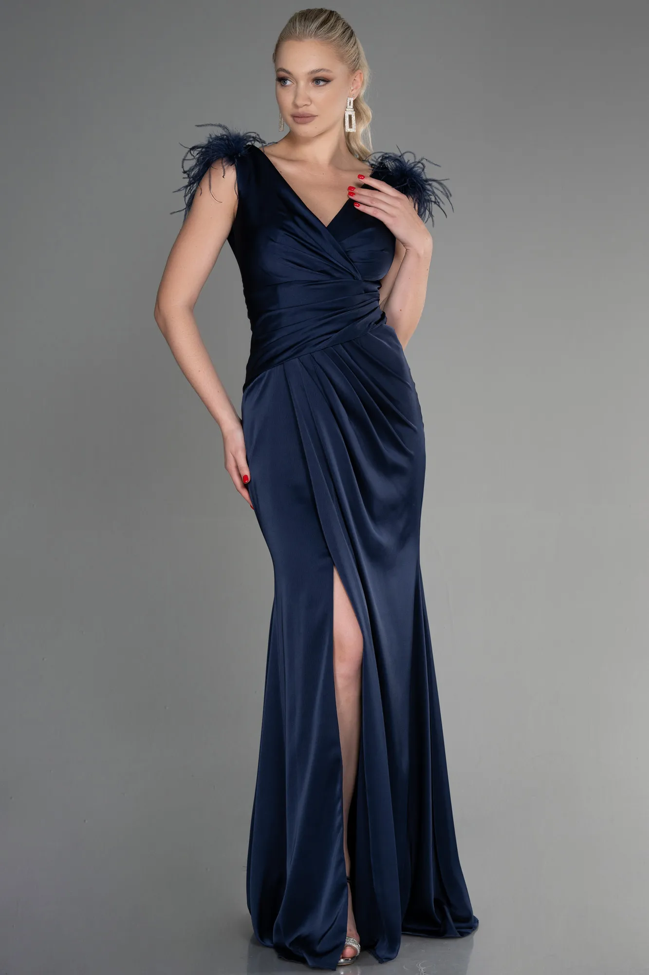 Navy Blue-Long Satin Mermaid Prom Dress ABU3456