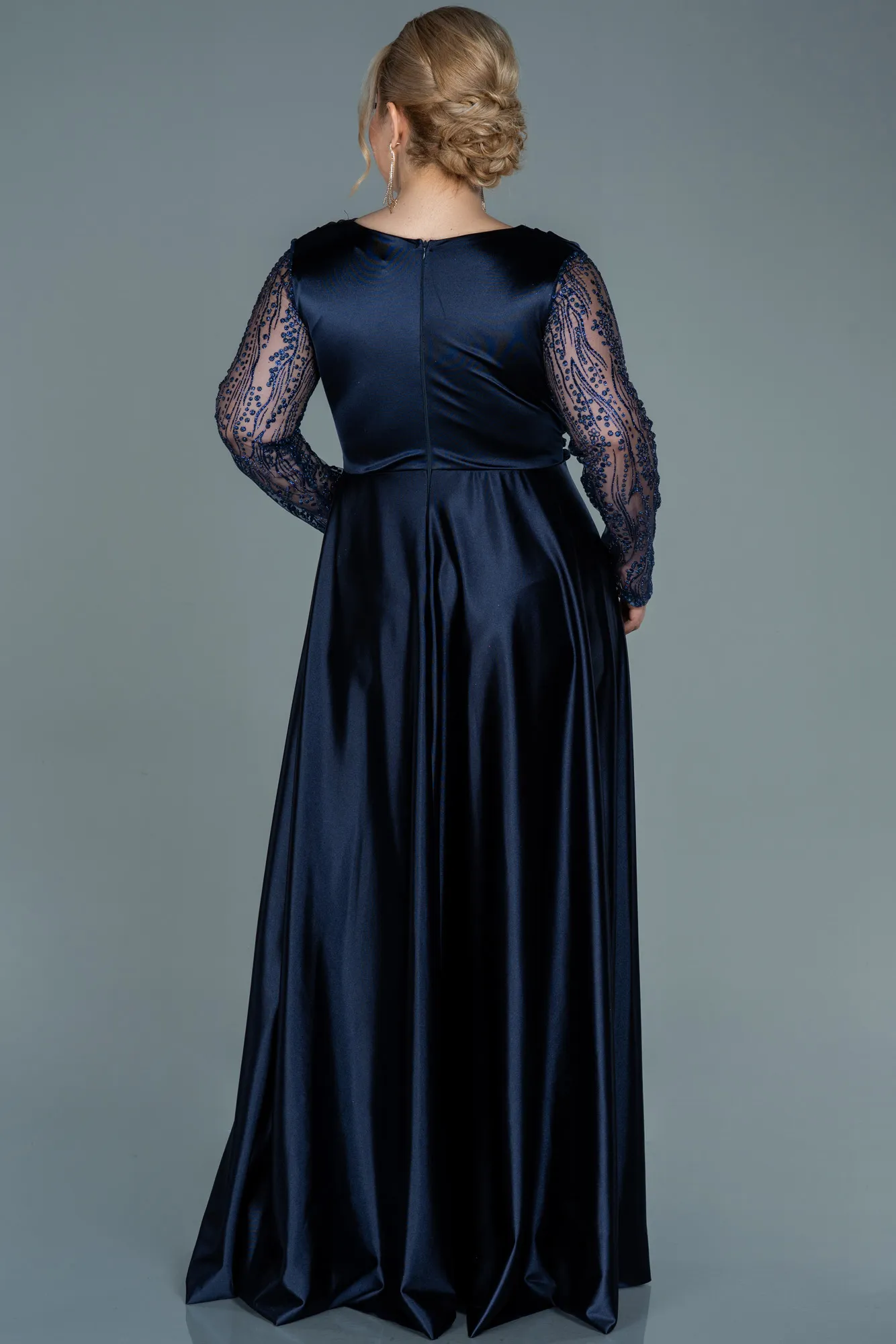 Navy Blue-Long Satin Oversized Evening Dress ABU2641