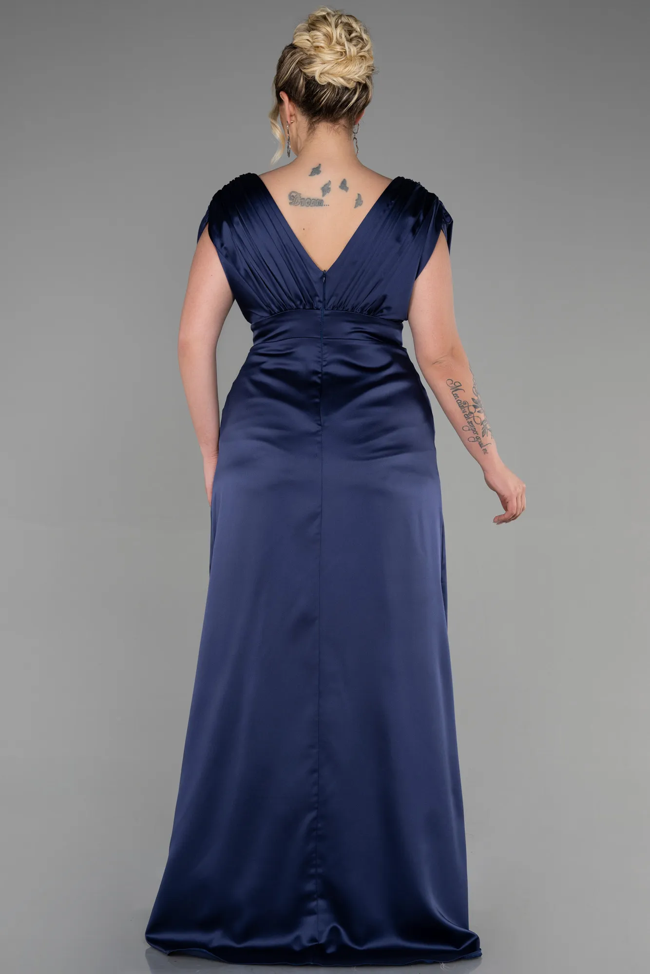 Navy Blue-Long Satin Plus Size Engagement Dress ABU3433
