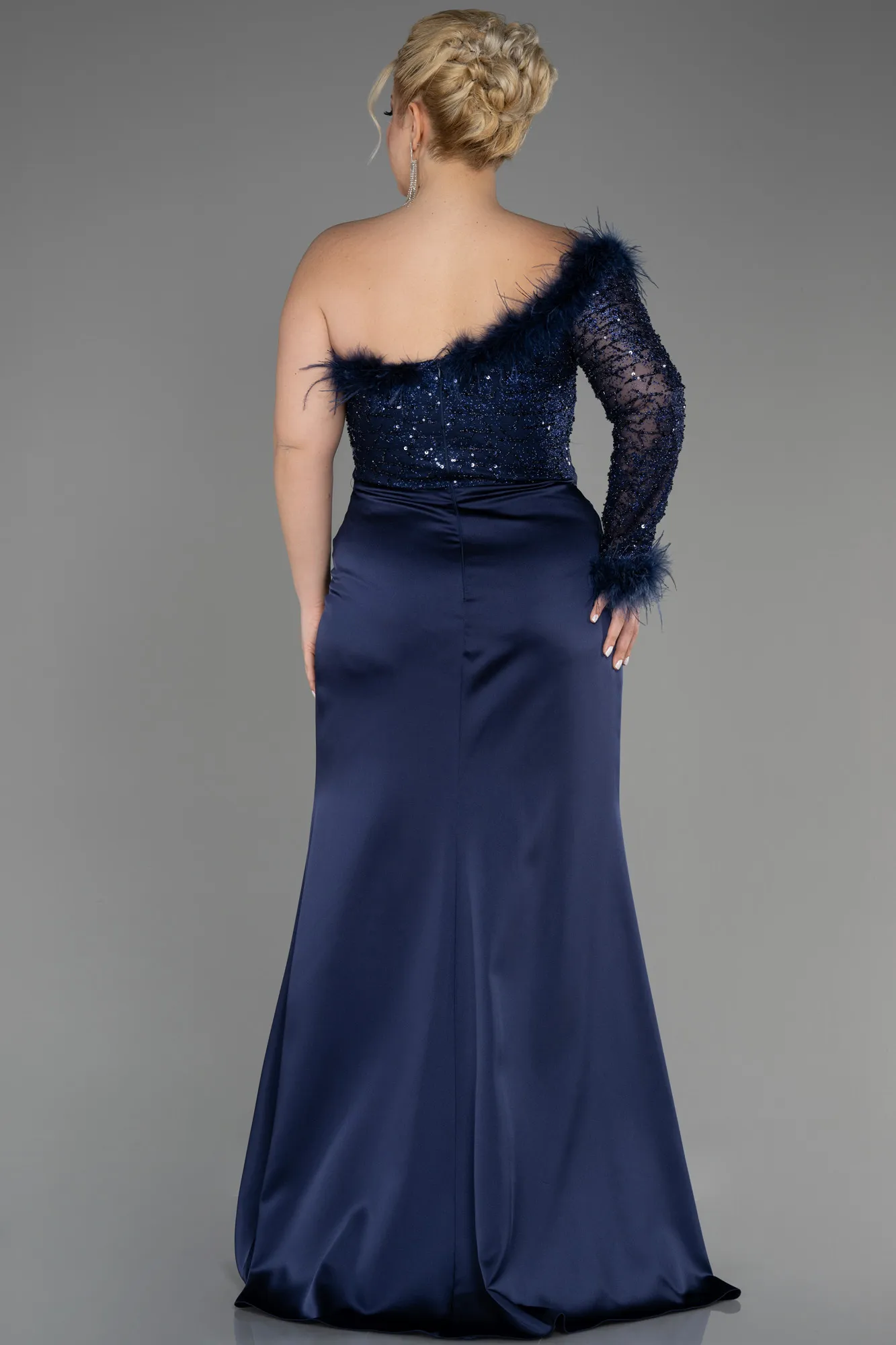 Navy Blue-Long Satin Plus Size Engagement Dress ABU3741