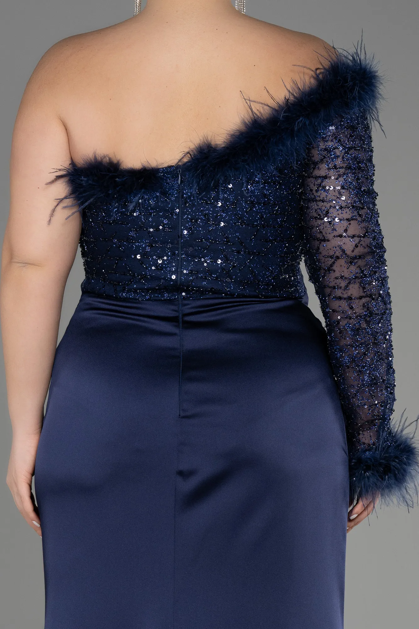 Navy Blue-Long Satin Plus Size Engagement Dress ABU3741