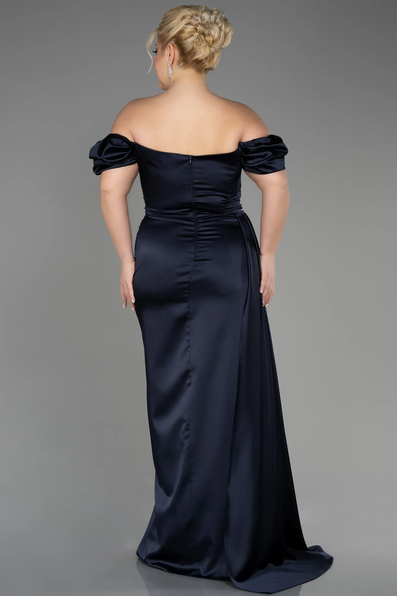 Navy Blue-Long Satin Plus Size Evening Dress ABU1626