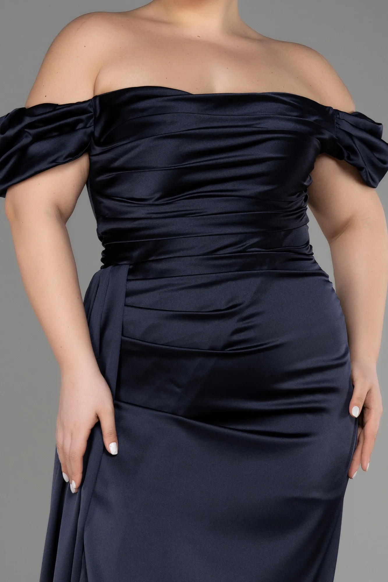 Navy Blue-Long Satin Plus Size Evening Dress ABU1626