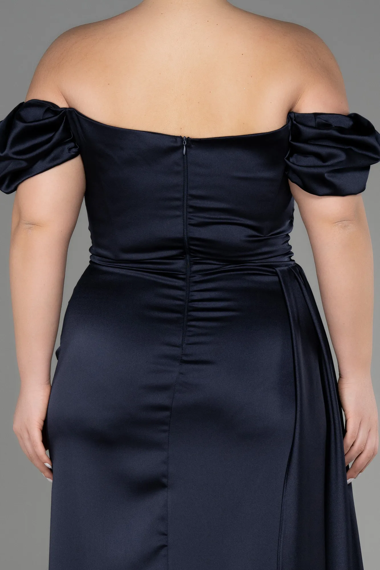 Navy Blue-Long Satin Plus Size Evening Dress ABU1626