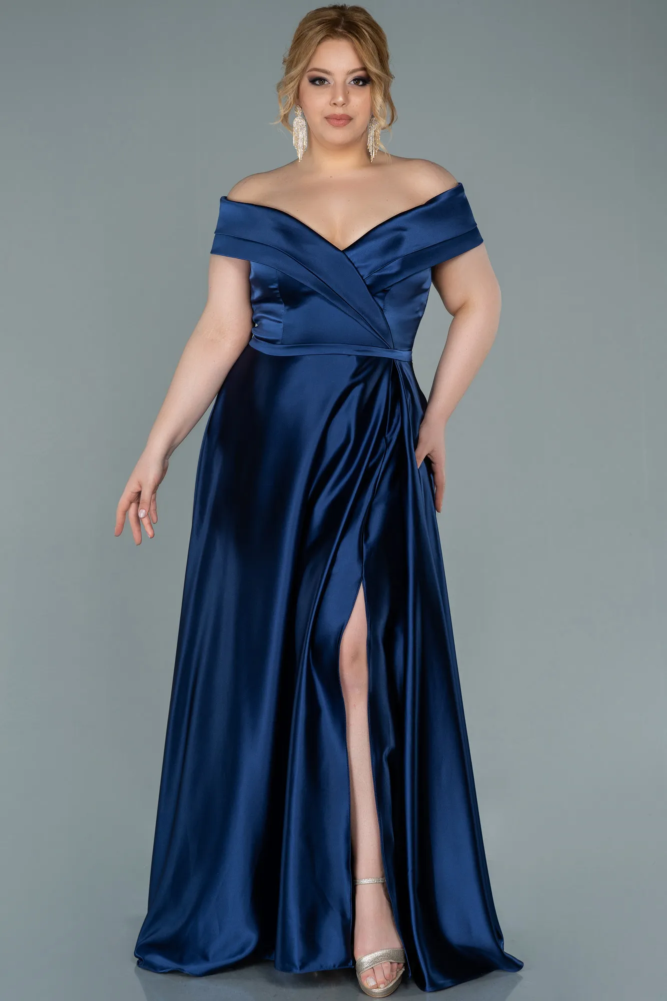 Navy Blue-Long Satin Plus Size Evening Dress ABU2355
