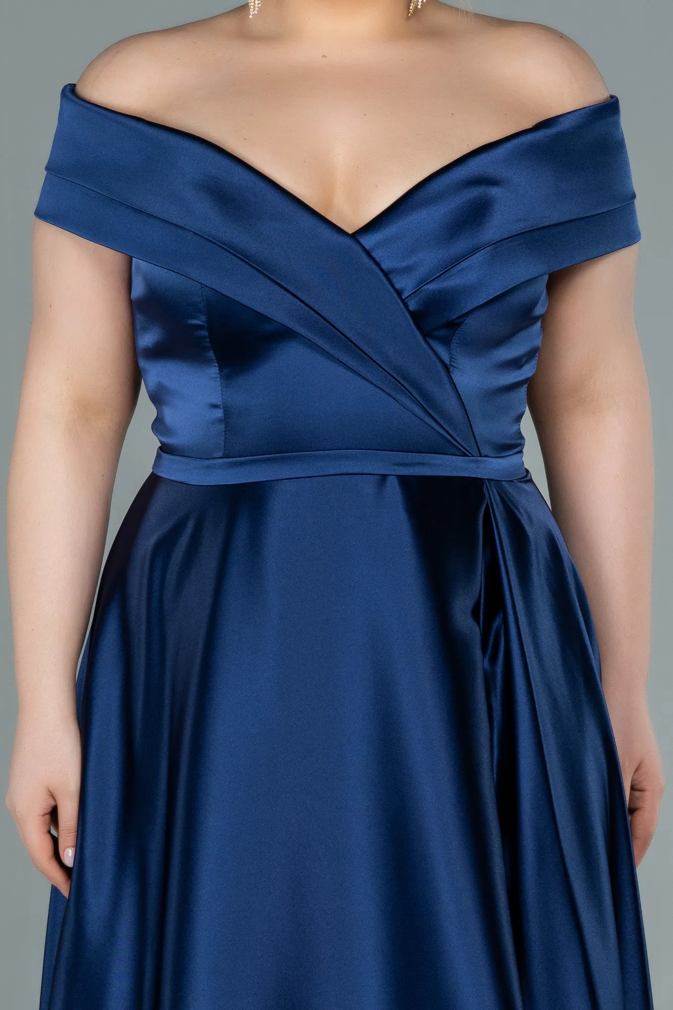 Navy Blue-Long Satin Plus Size Evening Dress ABU2355