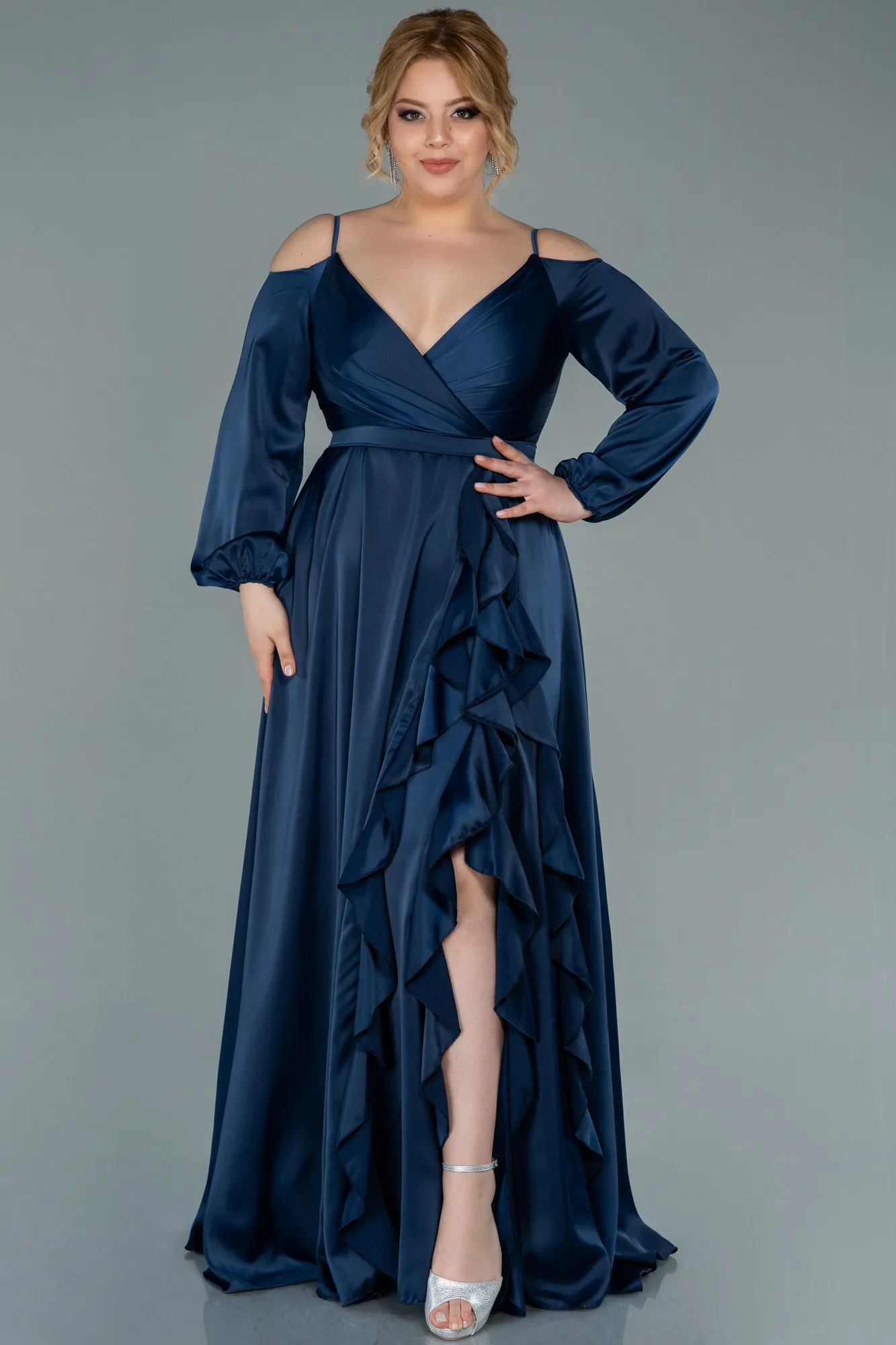 Navy Blue-Long Satin Plus Size Evening Dress ABU2358