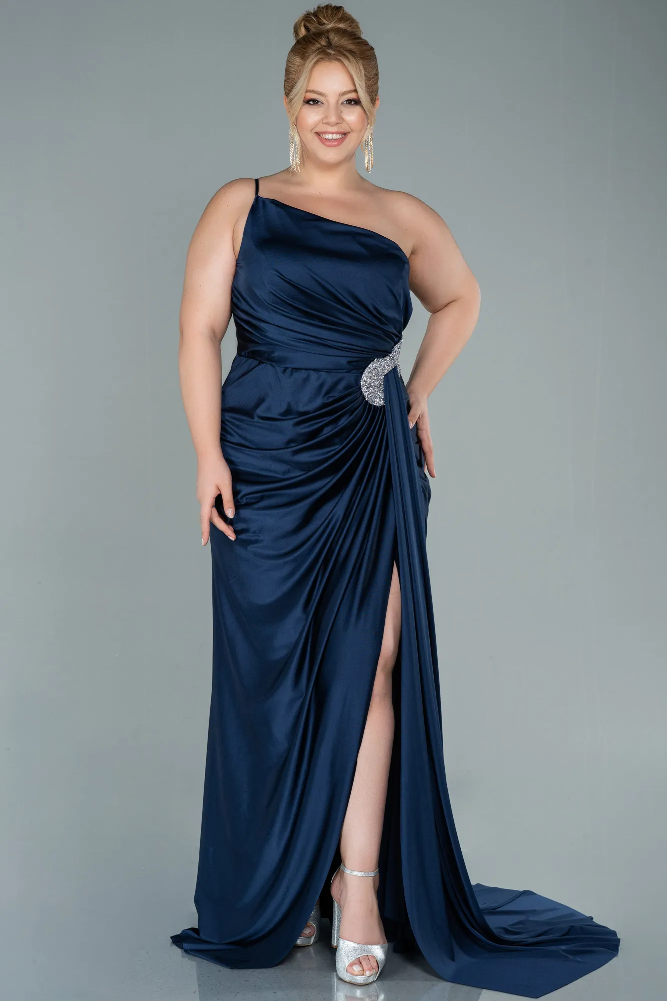 Navy Blue-Long Satin Plus Size Evening Dress ABU2532