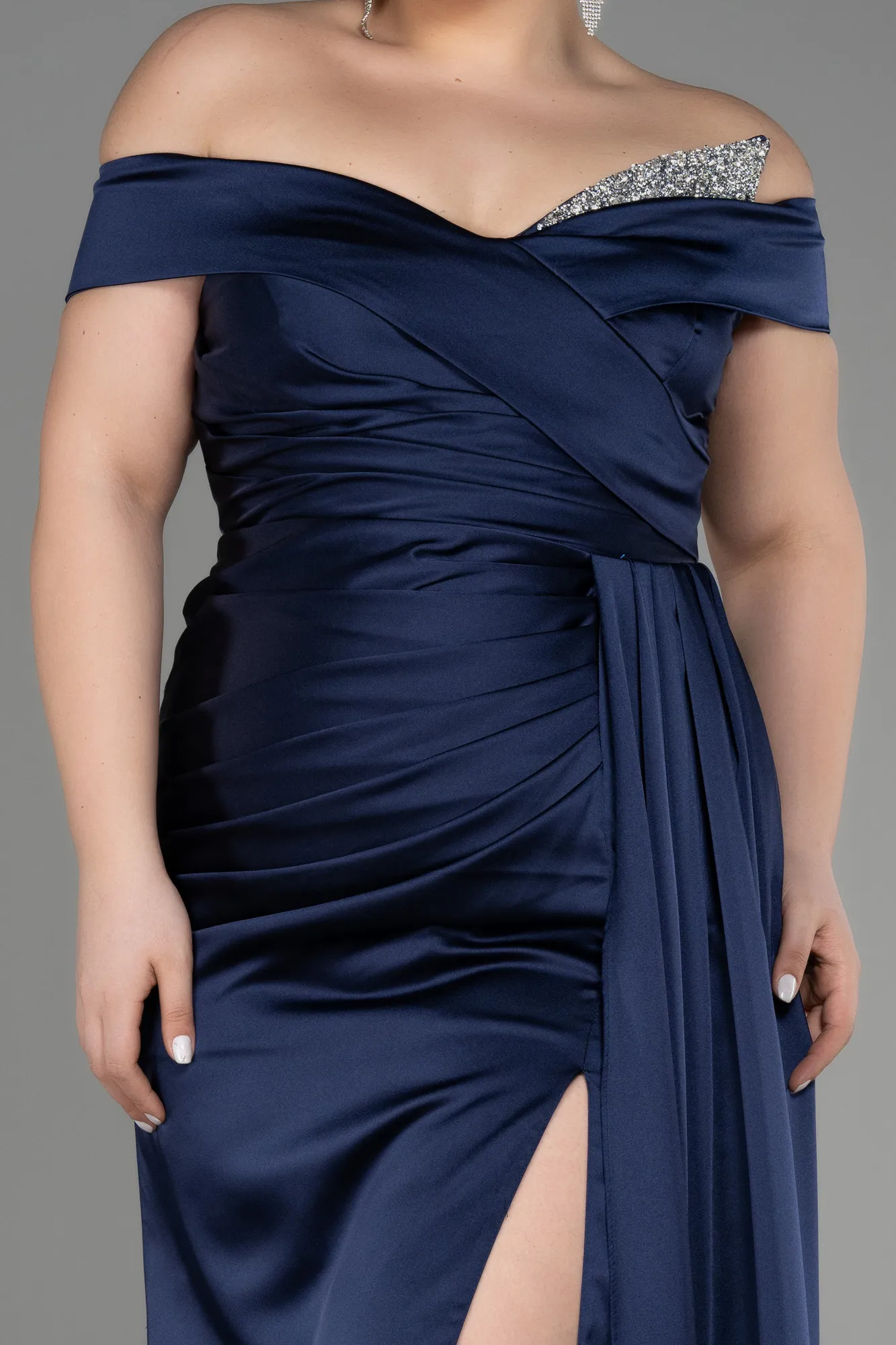 Navy Blue-Long Satin Plus Size Evening Dress ABU2561