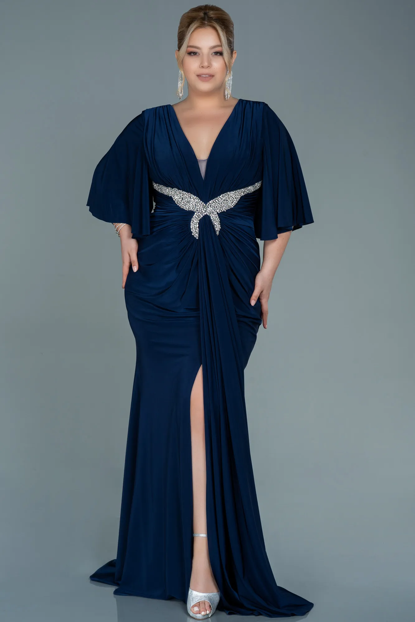 Navy Blue-Long Satin Plus Size Evening Dress ABU2646