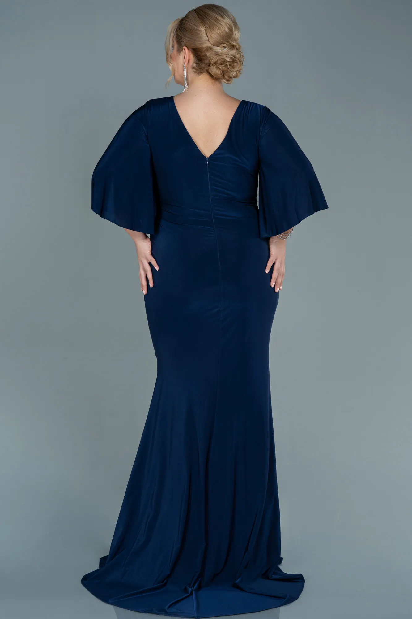 Navy Blue-Long Satin Plus Size Evening Dress ABU2646