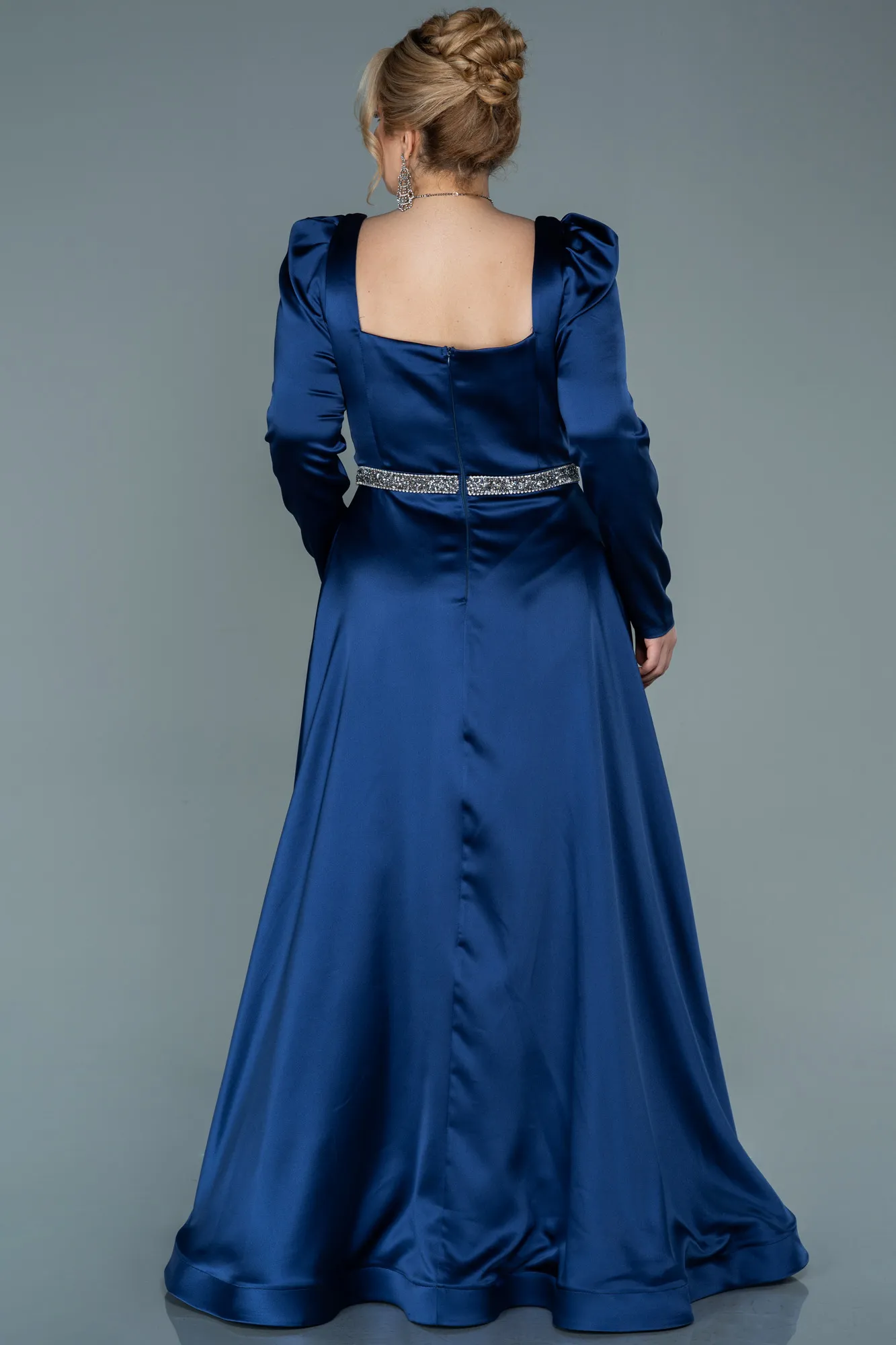 Navy Blue-Long Satin Plus Size Evening Dress ABU2684