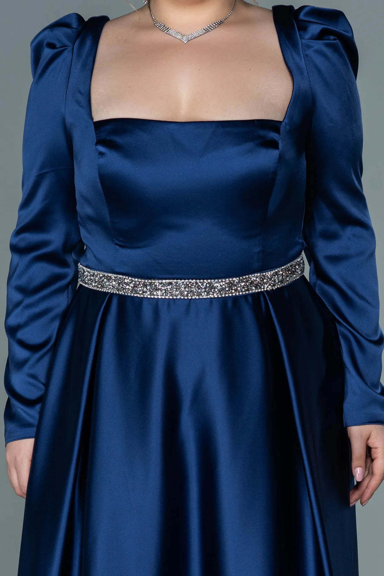 Navy Blue-Long Satin Plus Size Evening Dress ABU2684