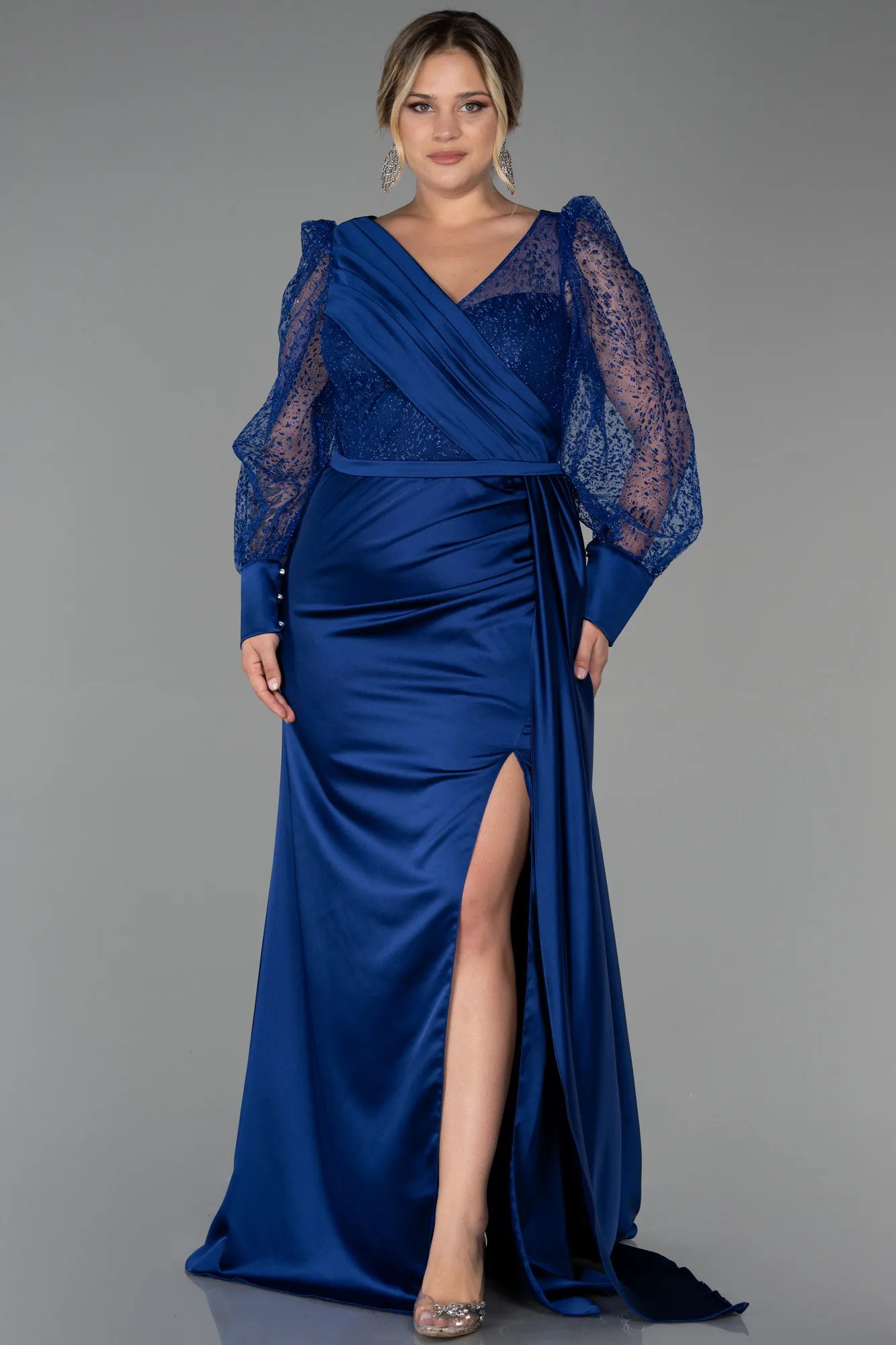 Navy Blue-Long Satin Plus Size Evening Dress ABU2759
