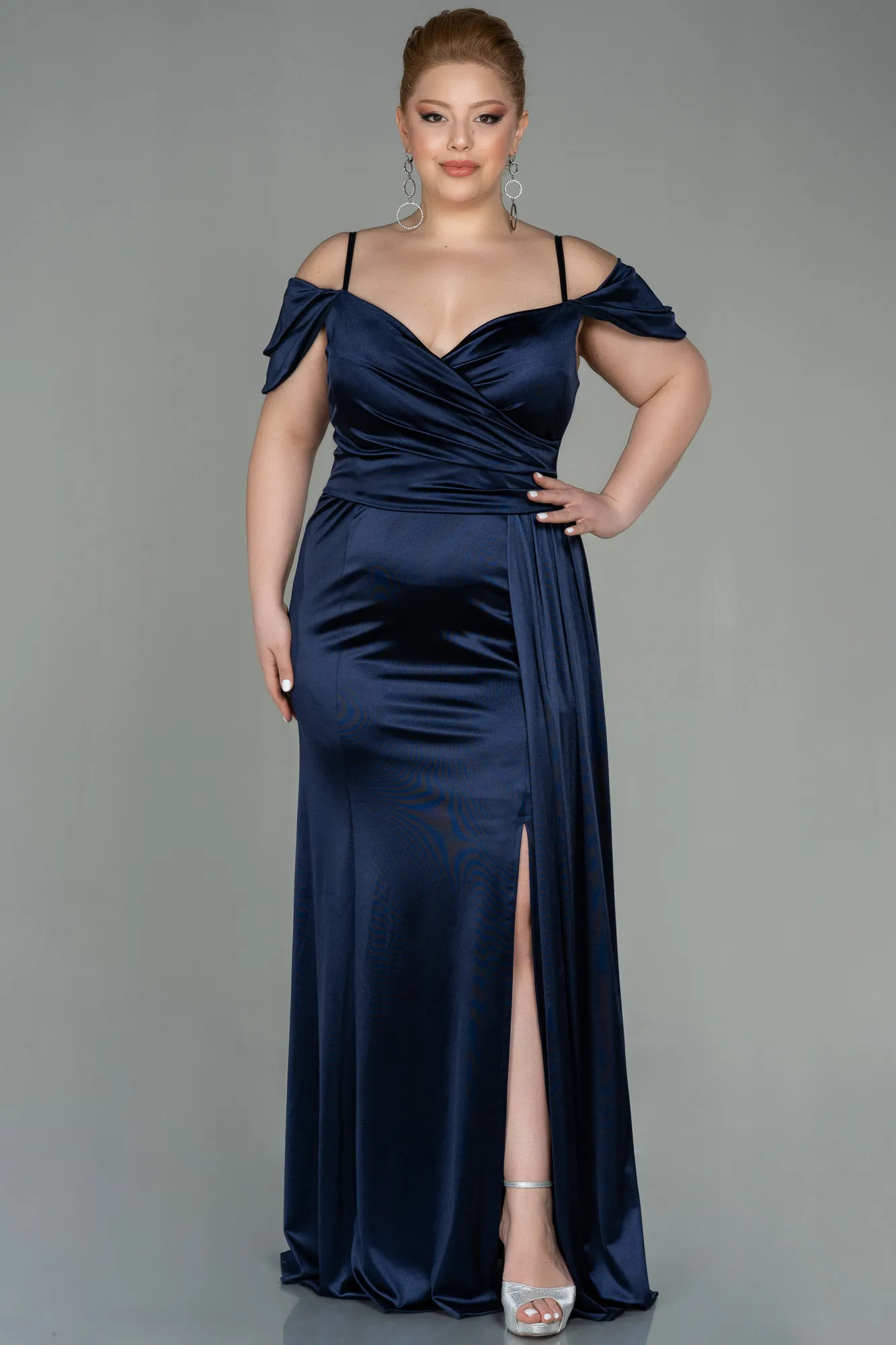 Navy Blue-Long Satin Plus Size Evening Dress ABU2855