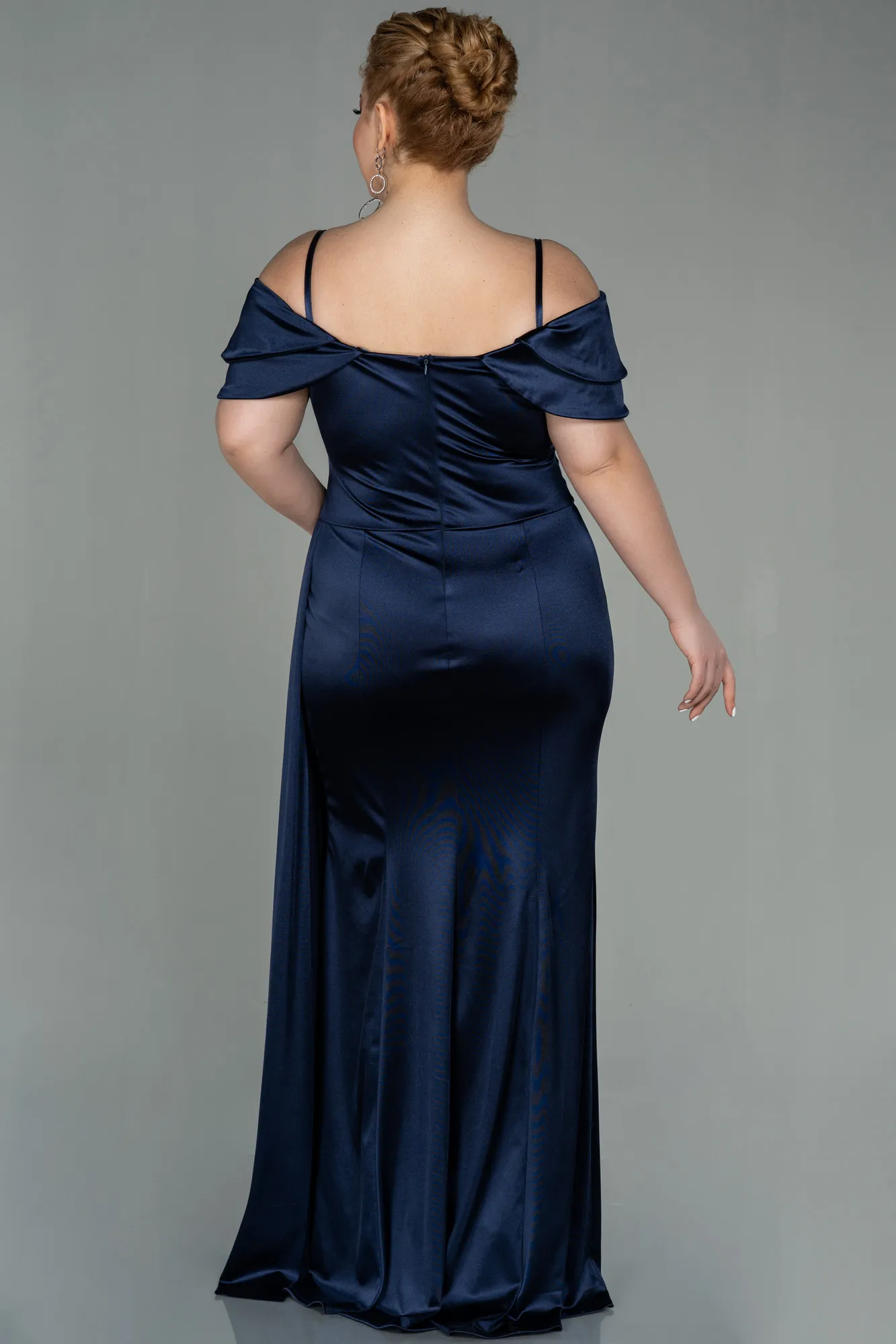 Navy Blue-Long Satin Plus Size Evening Dress ABU2855