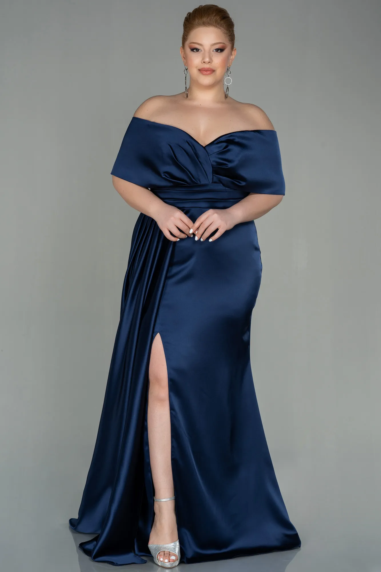 Navy Blue-Long Satin Plus Size Evening Dress ABU2873