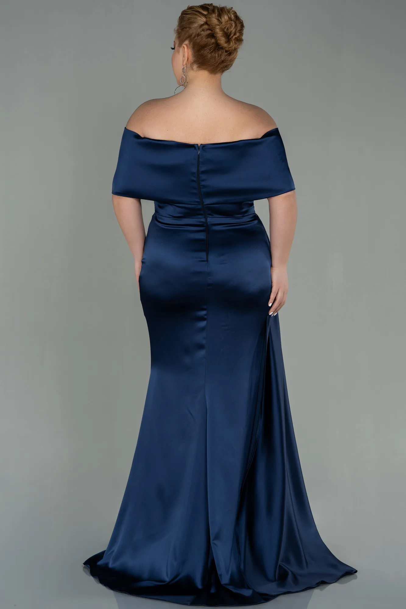 Navy Blue-Long Satin Plus Size Evening Dress ABU2873