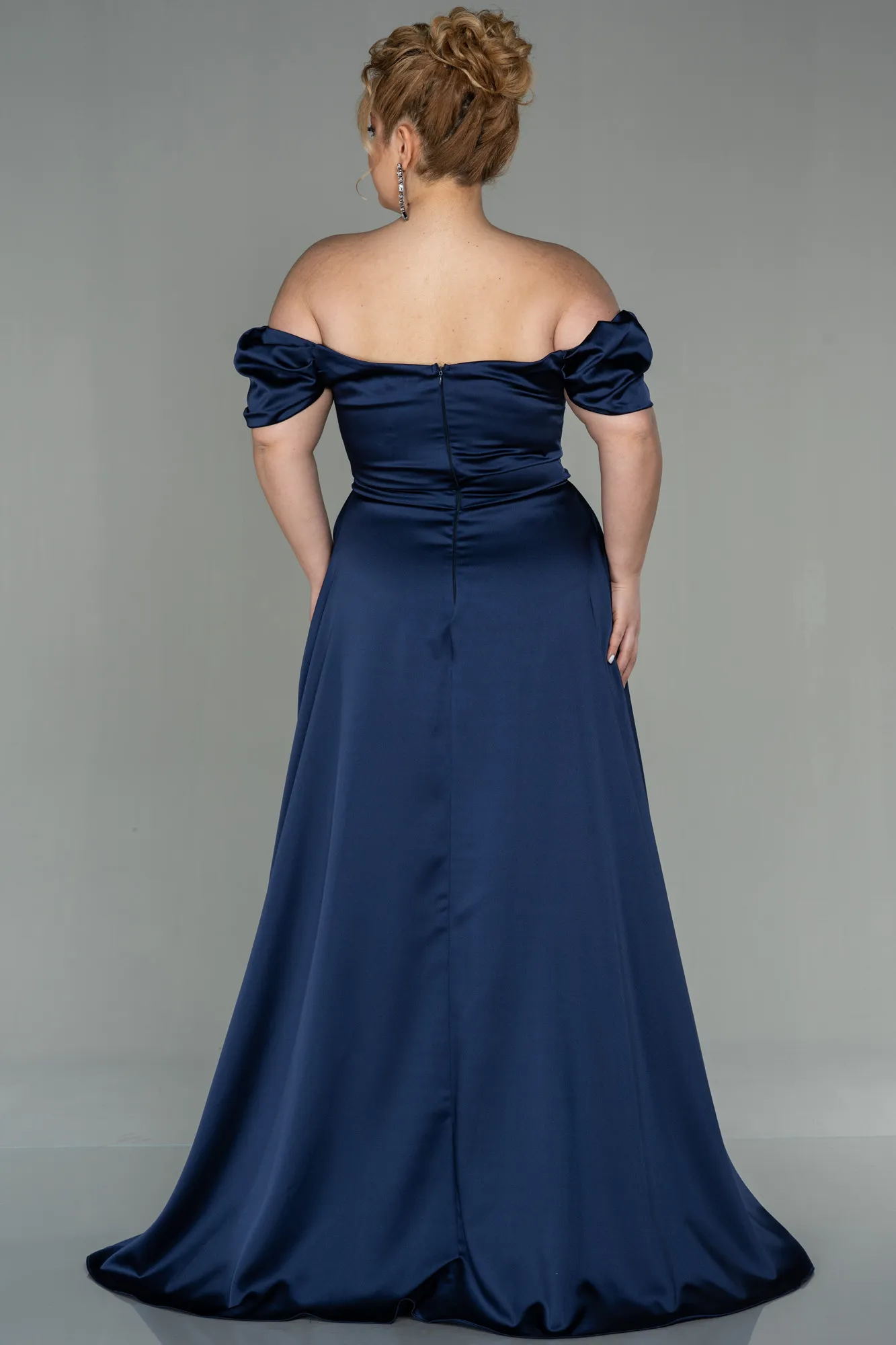 Navy Blue-Long Satin Plus Size Evening Dress ABU2923