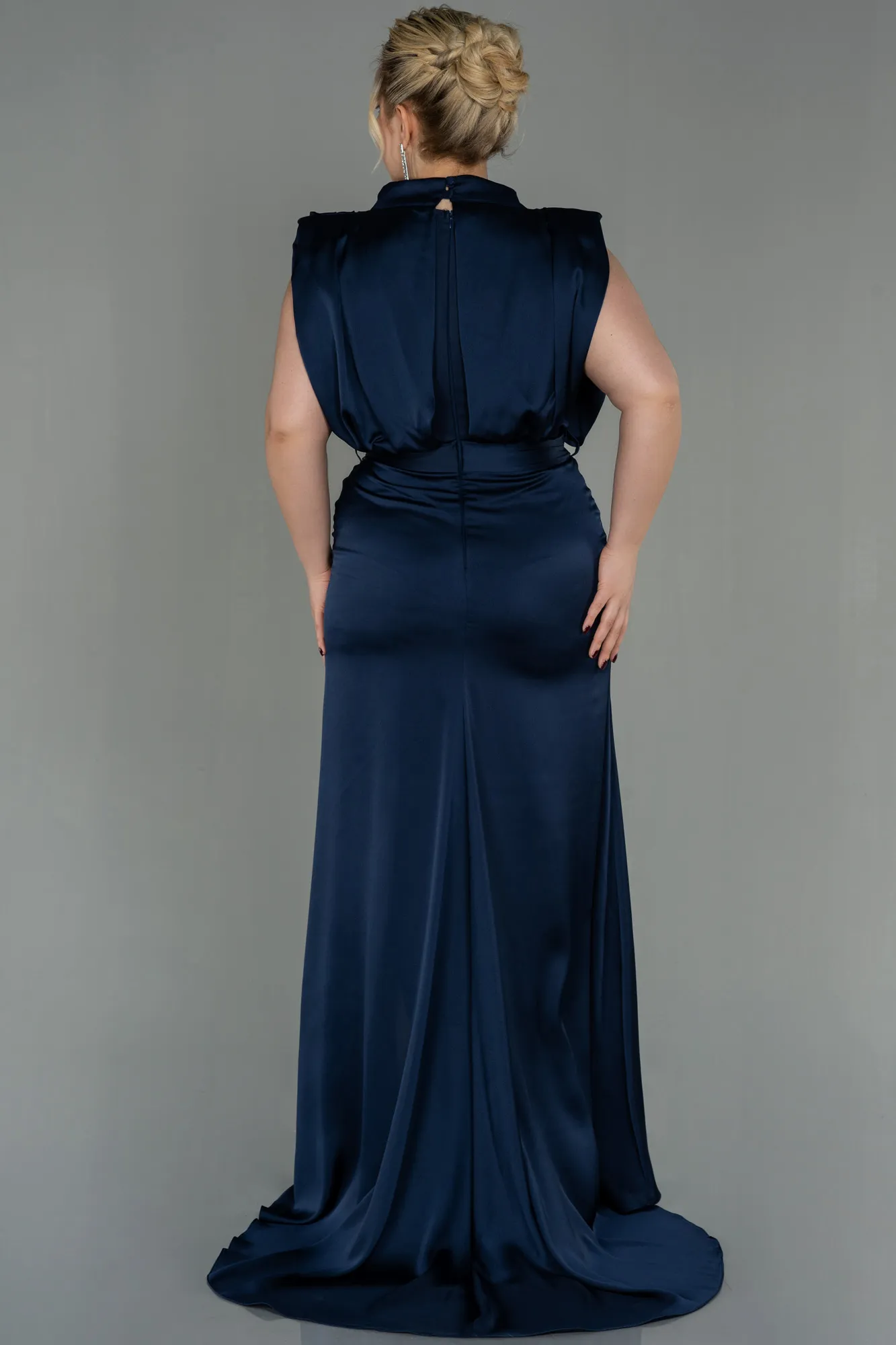 Navy Blue-Long Satin Plus Size Evening Dress ABU2969