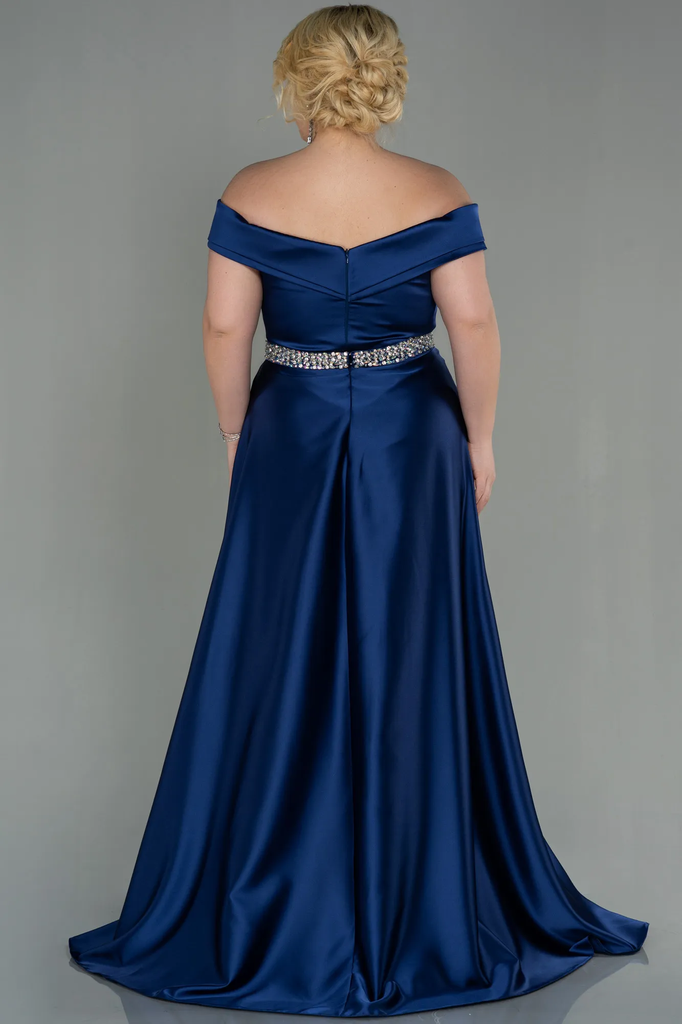 Navy Blue-Long Satin Plus Size Evening Dress ABU3017